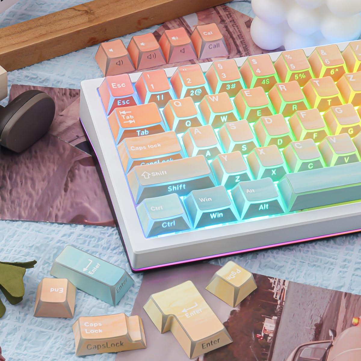 PBT Shine Through German Keycaps, 136 Keys Double Shot Side Printed Light Shadow Ocean Sunset Keycaps Dye-Sub Cherry Profile Keycap for Cherry MX Switch ISO QWERTZ Layout Mechanical Keyboards