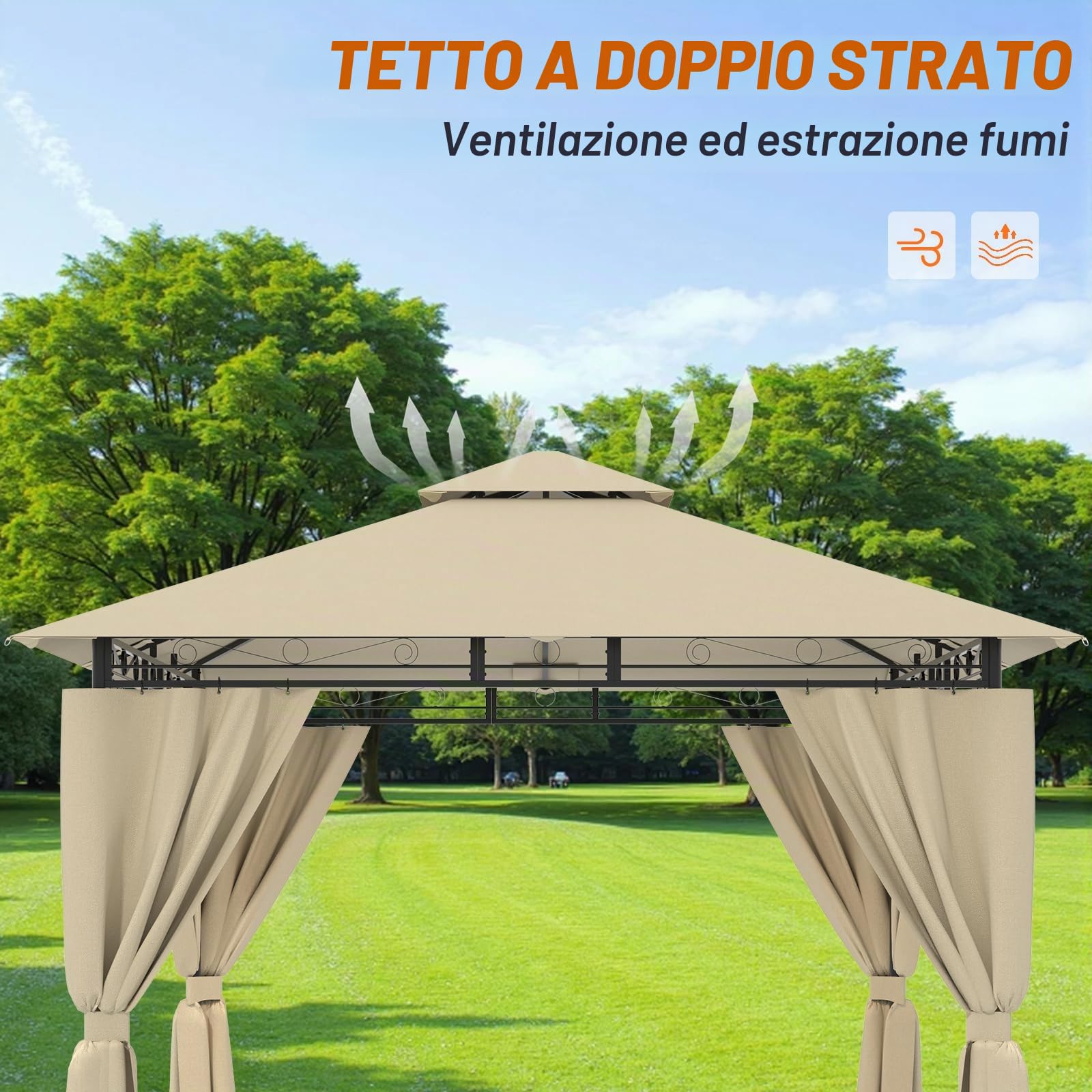 Devoko Gazebo da Giardino 3x3,Telo Gazebos 3x4 Impermeabile,Gazebo Esterno Resistente,Telaio in Metallo, Gazebos,Beige