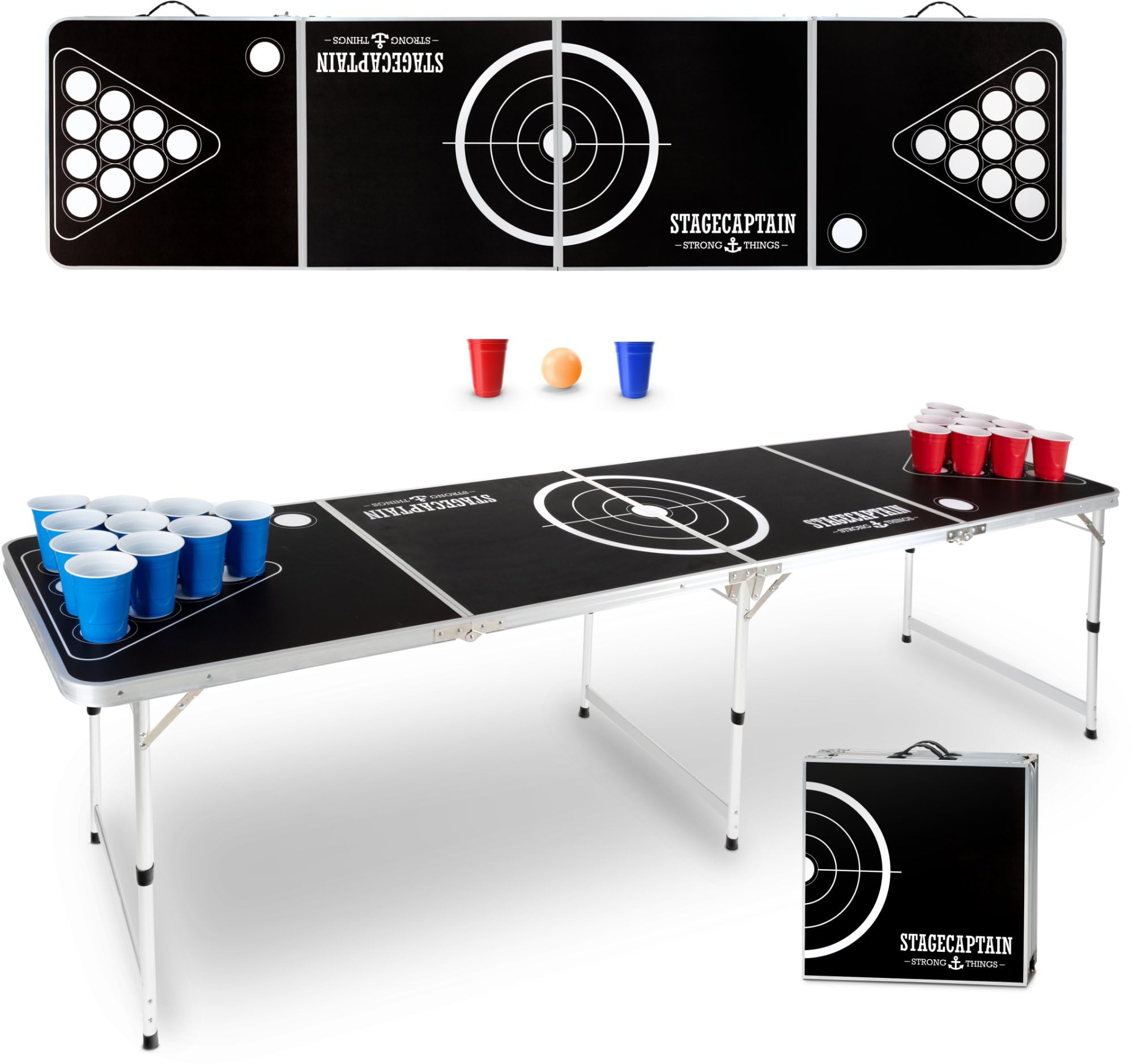 Stagecaptain Beer Pong Tisch “Basic” - Stabiler Klapptisch aus Alu - Melamin-beschichtete MDF-Platte (5 mm) - Inklusive 90 Becher und 6 Bälle - Schnell aufgebaut und kompakt beim Transport