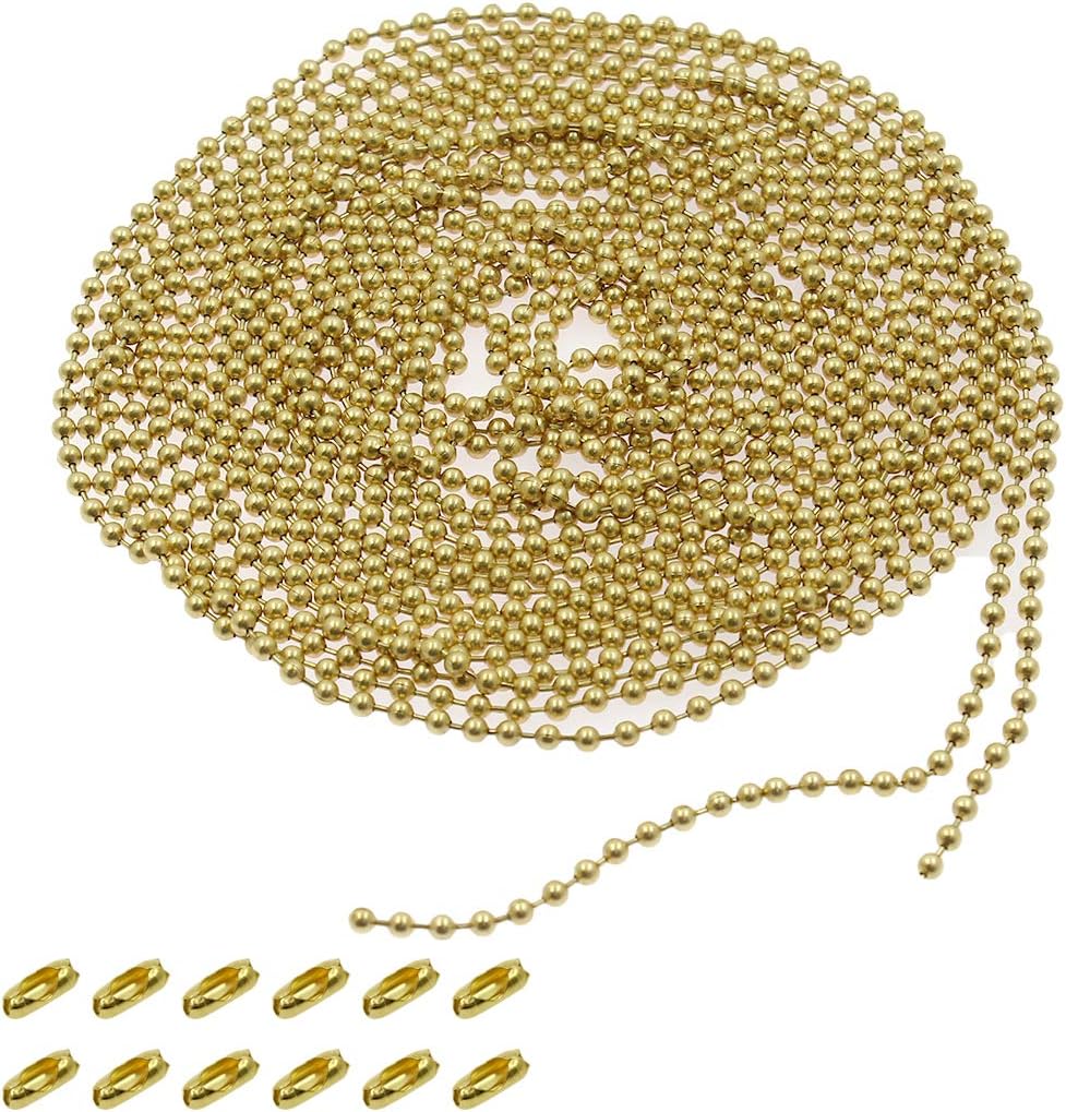 BokWin Pull Chain Extension, 5m/16 Feet Brass Fan Extender With Solid Connectors, 3.2mm Ball Chain, Adjustable Ceiling Fan Pull With 12 Matching Connectors - Golden