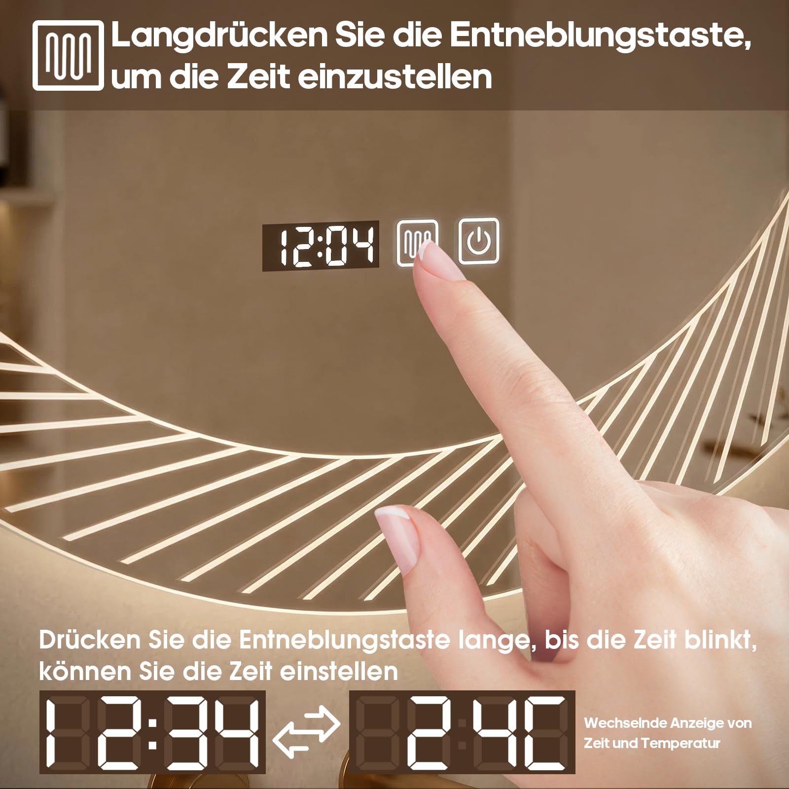 Badspiegel mit Beleuchtung, 80 cm Spiegel mit LED Licht | Zeit anzeigen Touch Schalter Temperaturanzeige und 3 Farben Dimmbar
