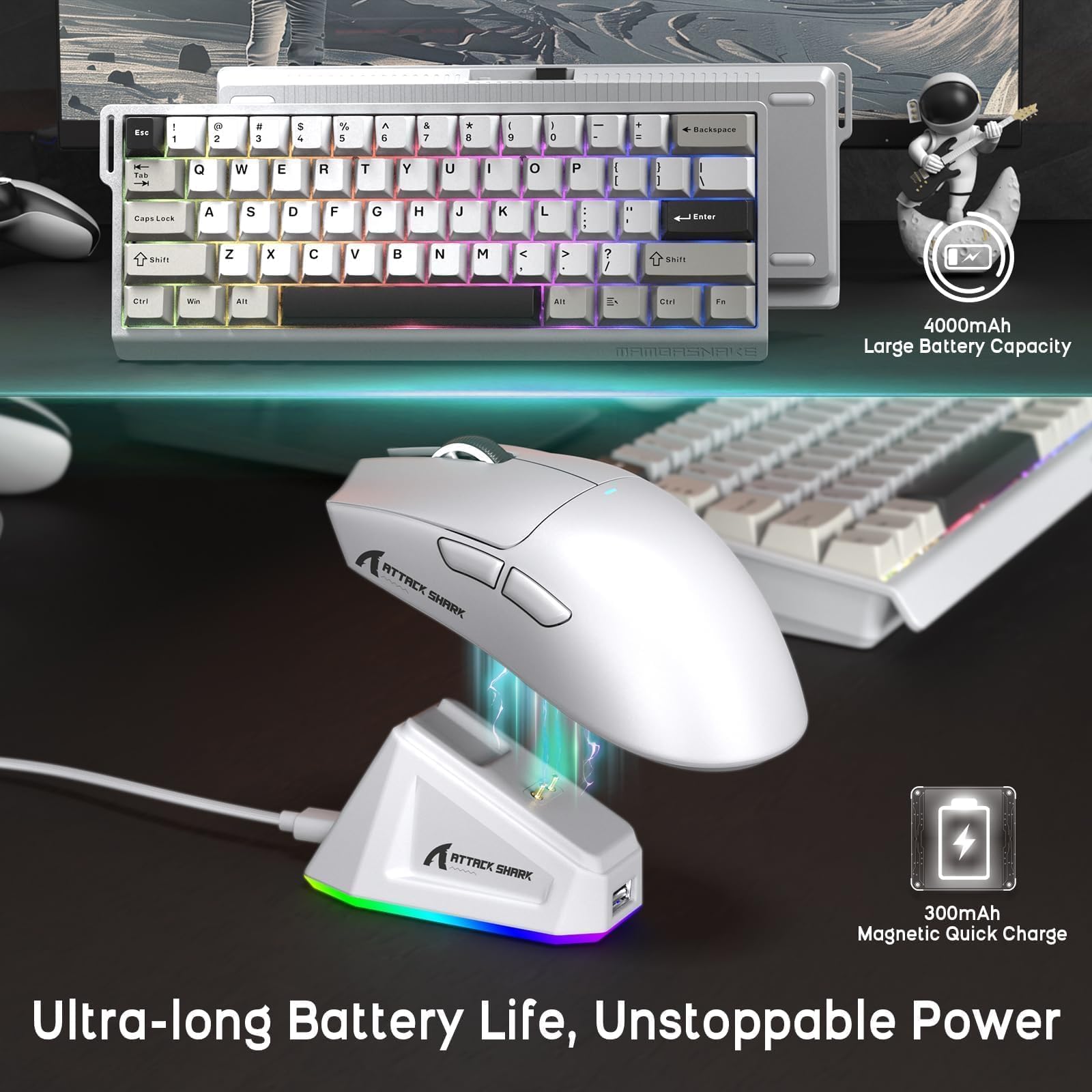 ATTACK SHARK x MAMBASNAKE X60HE Magnetische Tastatur mit X11 Gaming-Maus, kabelloses Tastatur- und Maus-Set, BT/2.4G/USB-C, Rapid Trigger, 8K Polling-Rate, PAW3311, 22000 DPI, ultraleichte Maus–Weiß