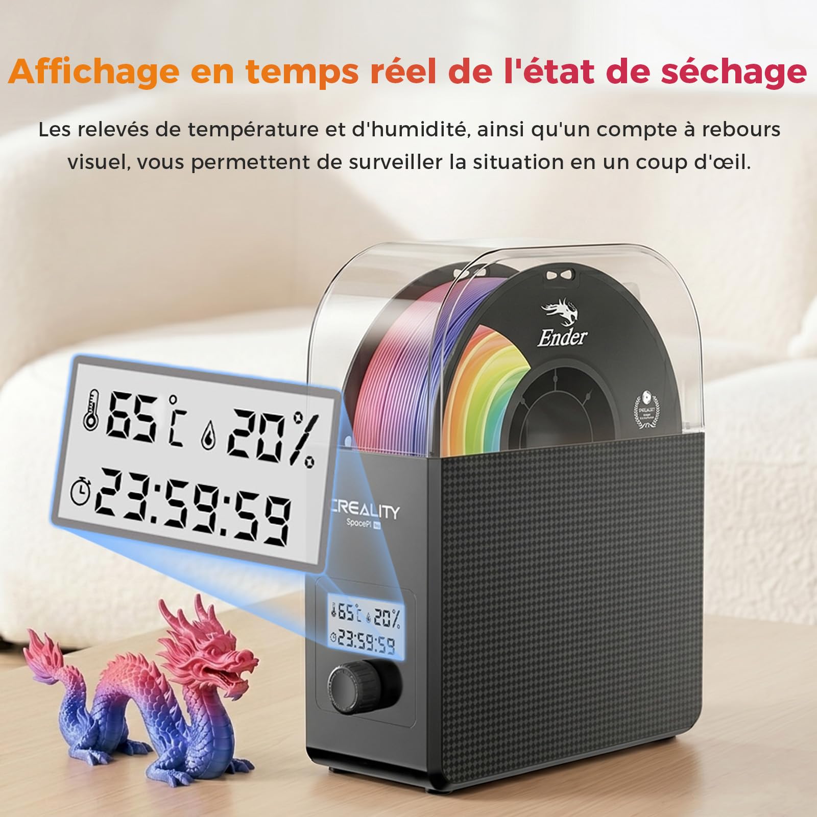 Creality Space Pi SE Séchoir À Filament, Chauffage PTC Optimisé 360° Rapide, Capteur Précis, Boîte Déshydratante 45–65 °C, Adapté Bobine 1 Kg PLA, PETG, ABS, TPU, Nylon Pour Imprimante 3D