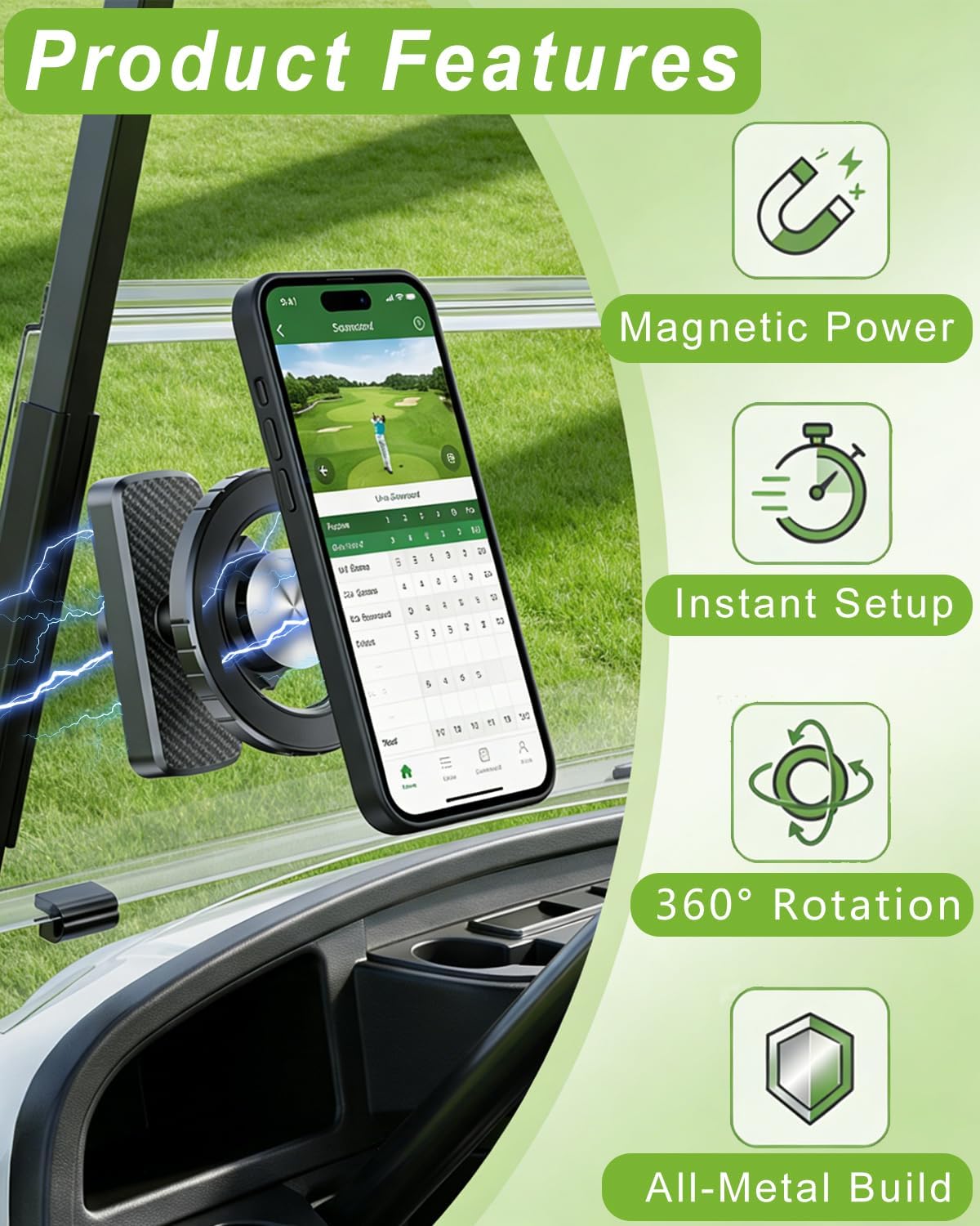 Golf Cart Seat Cover & Phone Holder Set, 360° Magnetic Mount for Club Car, Waterproof Seat Cover with 3 Pockets, Golf Accessories Gifts for Men Dad, Black