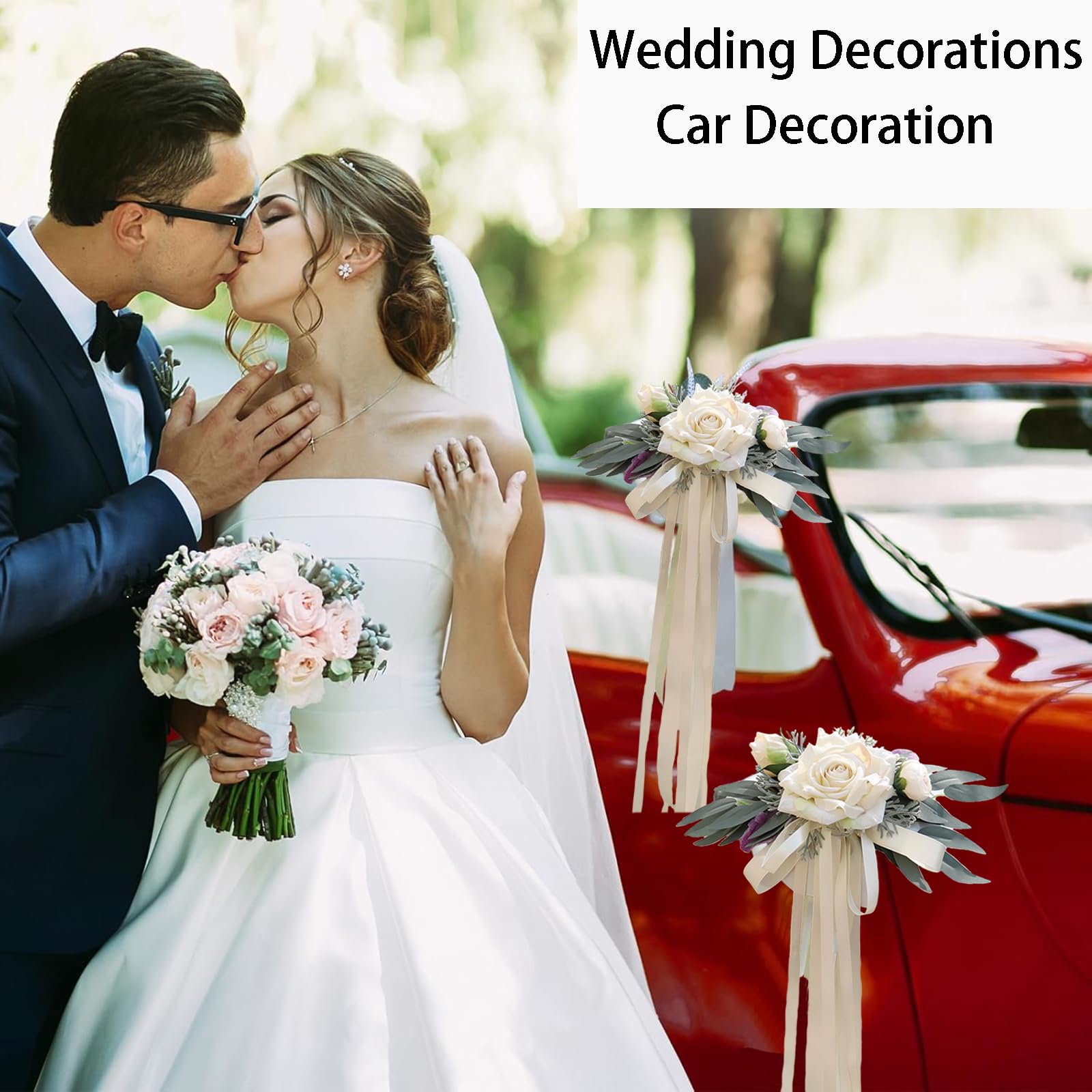 4 Pezzi Fiori Finti In Seta Per Decorazione Auto Matrimoniale - Coccarde Per Specchietti E Maniglie, Grigio Fumo
