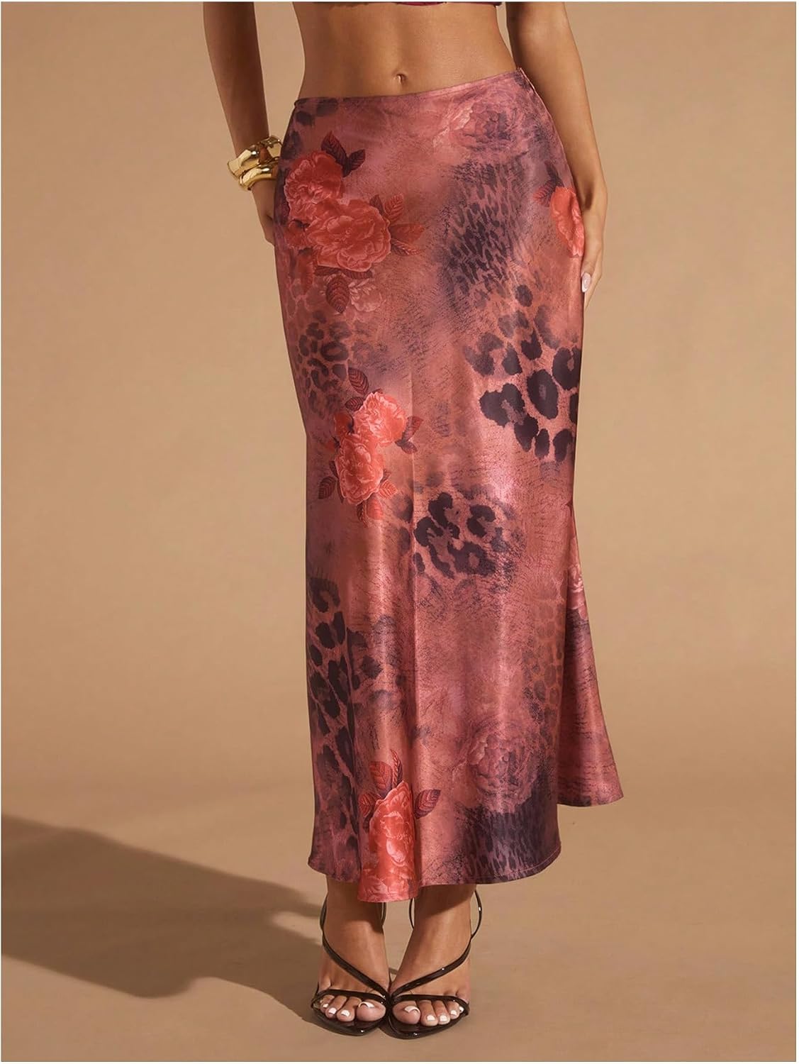 SweatyRocks Women's Vintage Floral Leopard Print Maxi Skirts Elegant Low Rise Fishtail Hem Long Skirt