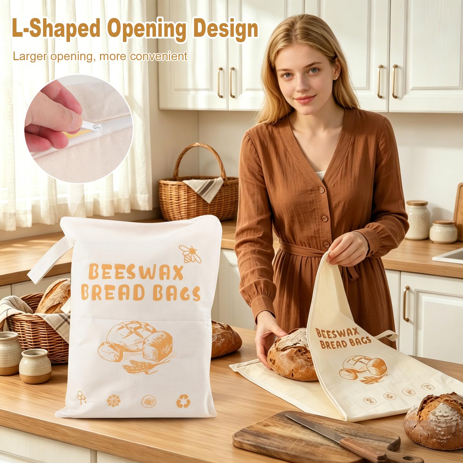 Lot de 2 sacs à pain en cire d'abeille avec ouverture en forme de L, 43 x 33 cm, sacs de rangement réutilisables en coton, faciles à remplir et à nettoyer, parfaits pour le pain au levain et fait