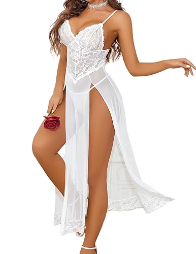Avidlove Women Lingerie Lace Babydoll Dress Long Side Split Sexy Night Gowns Sheer Mesh Sleepwear