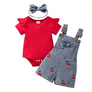 Newborn Baby Girl Summer Outfit Short Sleeve Ribbed Romper Suspender Overalls Shorts Set Infant Cute Clothes - Amazon product rated Grade A