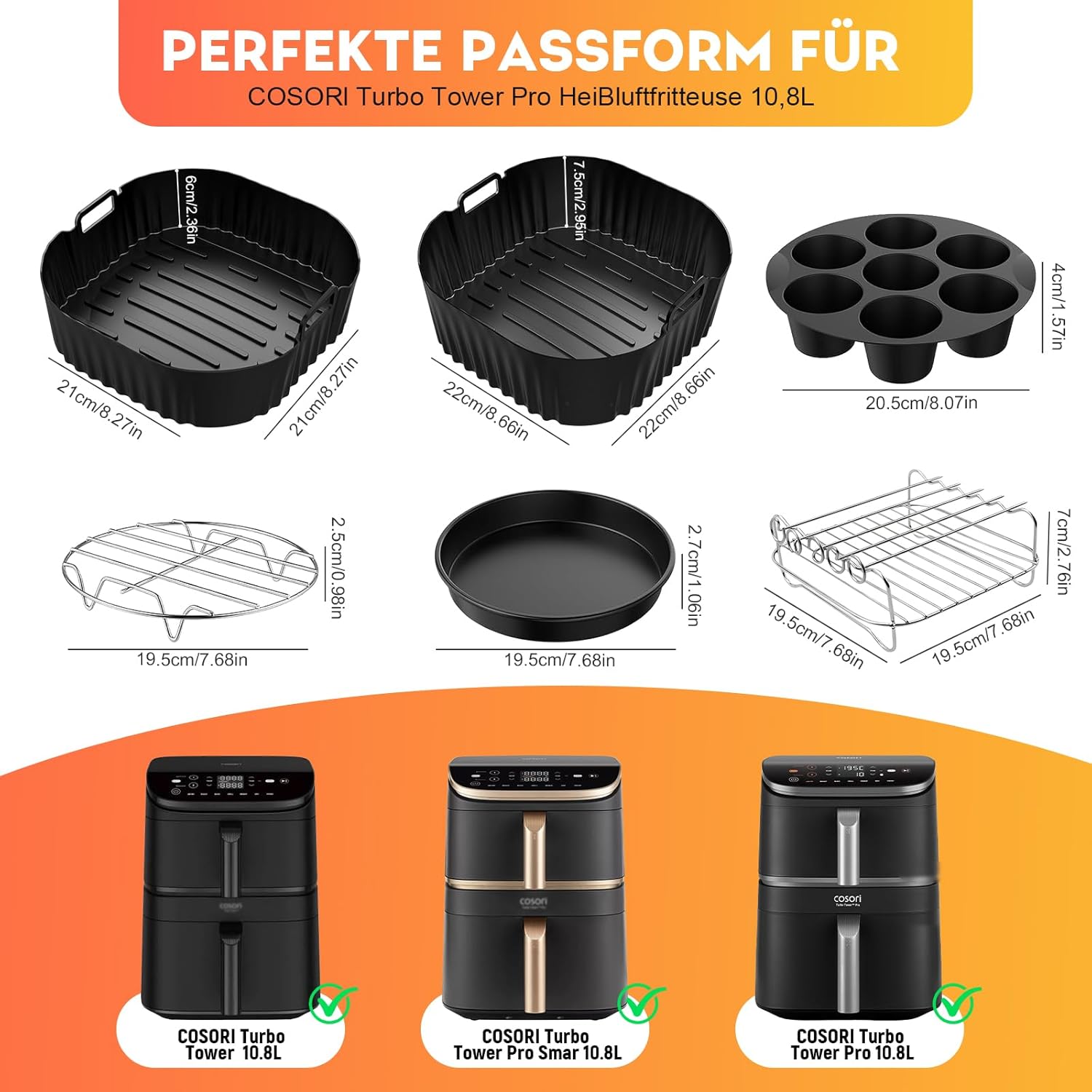 Diagram showing dimensions of silicone molds, pizza pan, skewer stand, and grill grate, along with images of compatible Cosori air fryer models: Turbo Tower 10.8L, Turbo Tower Pro Smart 10.8L, and Turbo Tower Pro 10.8L.