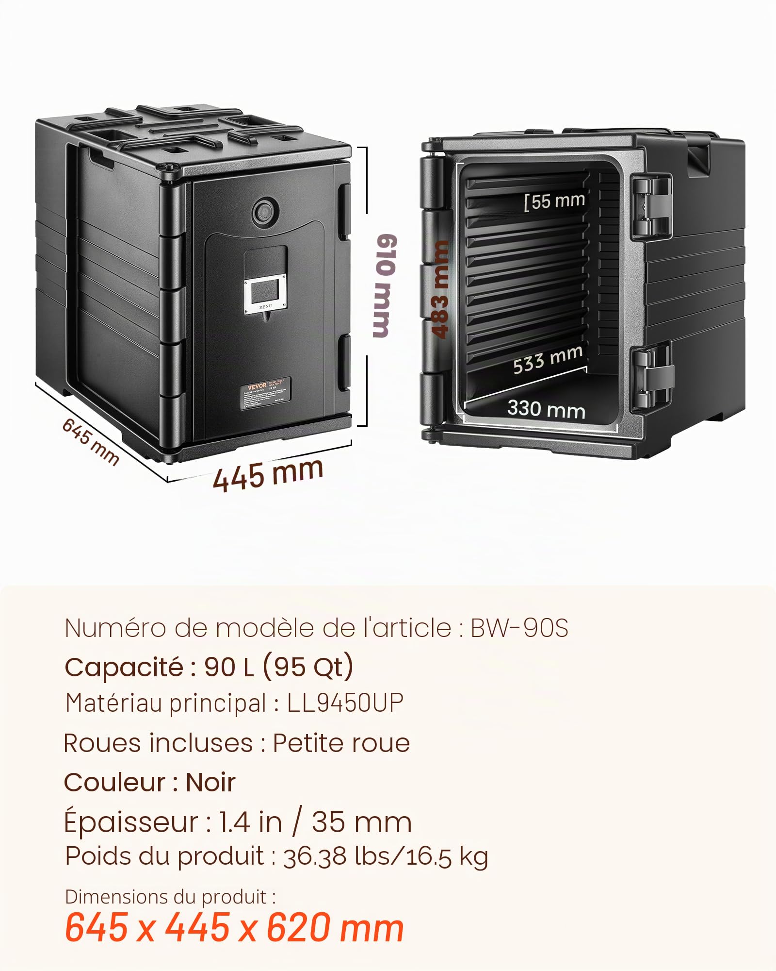 VEVOR Conteneur Isotherme 90 L, Boîte de Transport en LLDPE à Chargement Frontal, avec Poignées et Double Boucles, pour Garder au Chaud ou Froid Traiteur Restauration Restaurant Cantine 445x645x610 mm