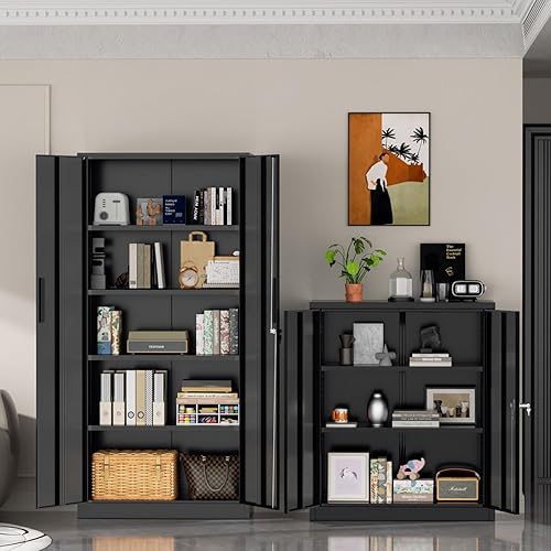 Miniatura 8 de Superday Armario de almacenamiento con cerradura, armarios de almacenamiento de garaje de 71 pulgadas con cerradura, gabinete de metal negro con 2