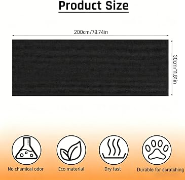 200x30cm Cat Scratching Mat Self-Adhesive Trimmable DIY Wall Scratcher, Extra Large Cat Scratch Mat for Furniture Sofa Protector, Thick Polyester Fiber Anti-Scratch Pad for Cats (Black)