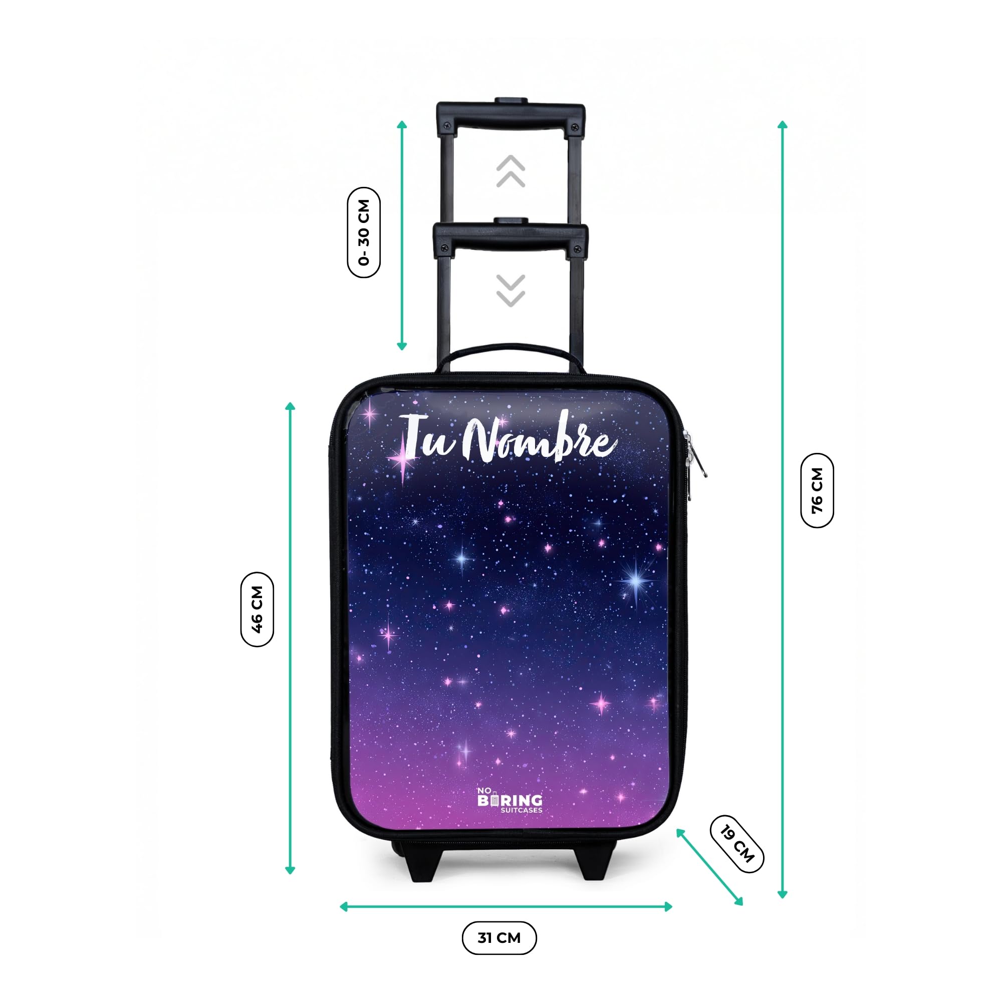 NoBoringSuitcases.com® Maleta Infantil Personalizado con Nombre 48x31x19 cm Maletas De Viaje Cabina Trolley con Ruedas LED Rigida Ultraligero - Niñas - Estrellas - Galaxia - Azul - Rosa