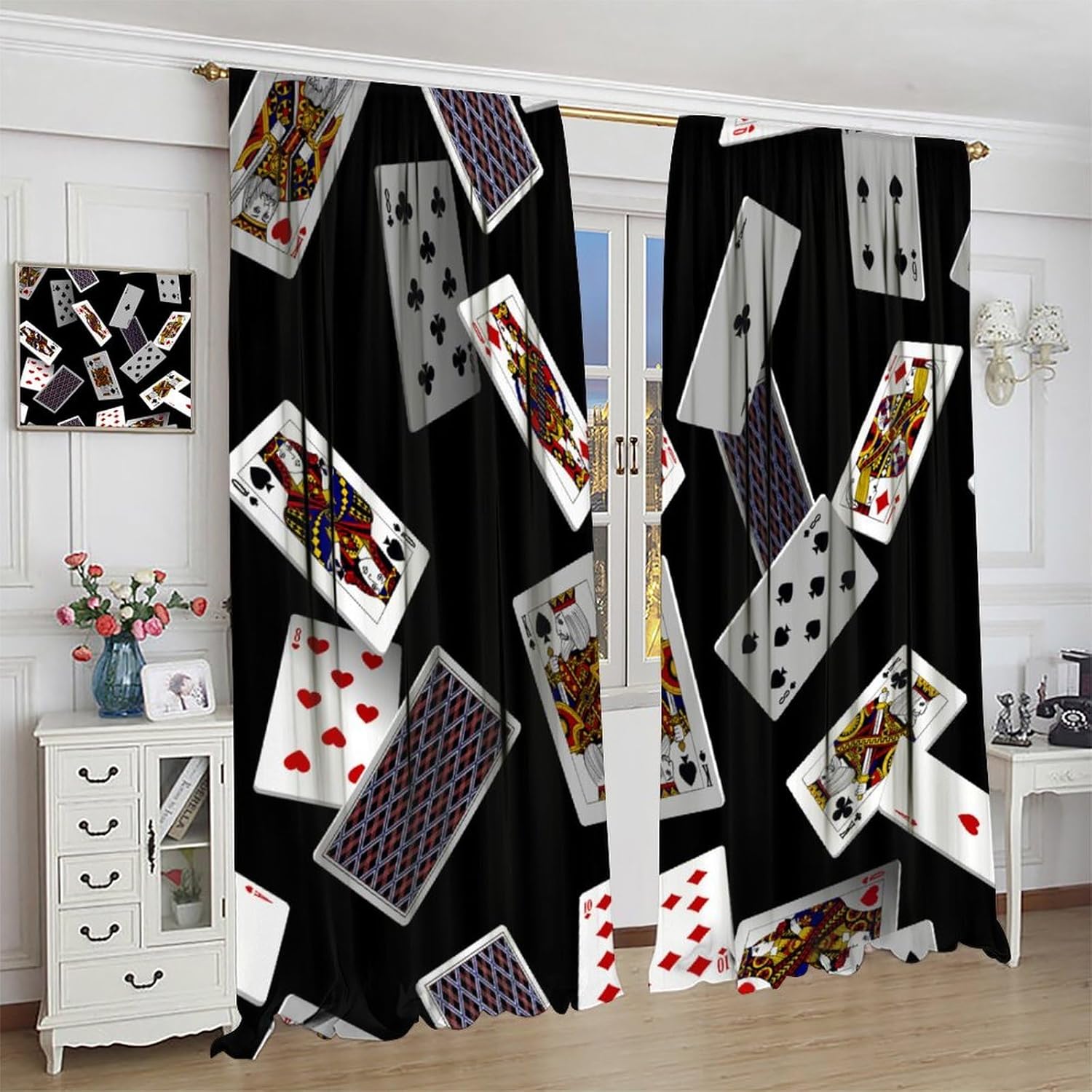 Poker Curtains, Falling Playing Cards Black Background Blackout Window Treatments, Rod Pocket Thermal Insulated Drapes 2 Panel Sets for Bedroom Living Room Poker Room, 55" W X 63" L
