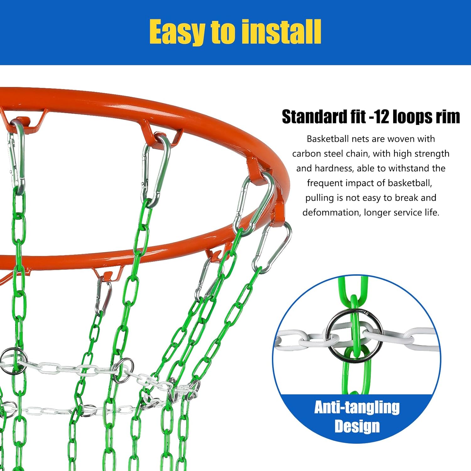 Basketball Net Replacement Heavy Duty, Carbon Steel Chain Basketball Net, Anti-Rust Use Indoor Outdoor Standard 12-Ring Basketball Hoop, Quick Installation,Blue&White