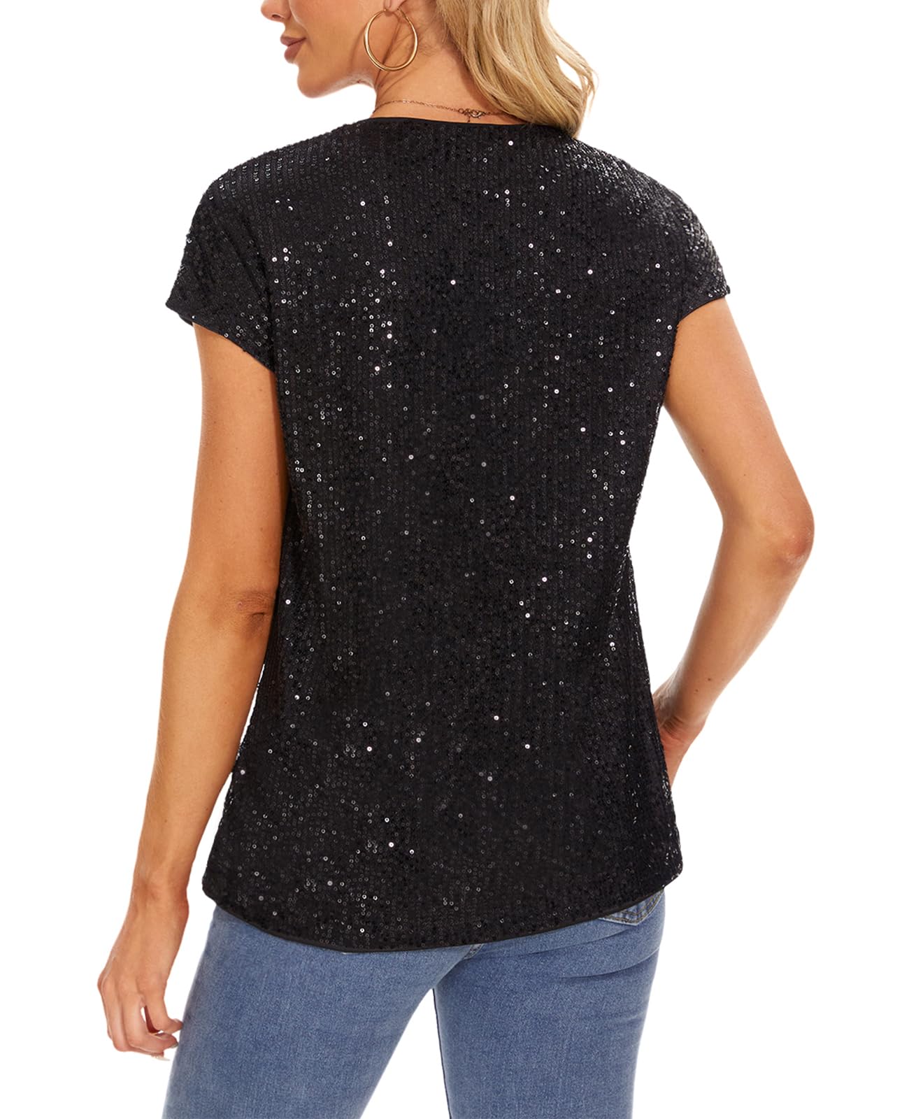 MINTLIMIT Haut pour femme à paillettes et à glissière, manches courtes, col en V, T-shirt, blouse, manches à capuchon, décontracté, fête, festival, club, b-noir, S