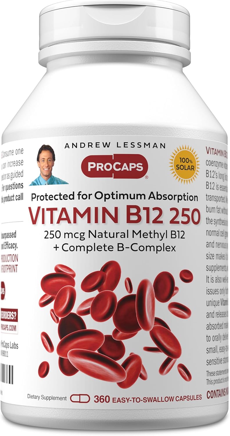 ANDREW LESSMAN Vitamin B12 250 360 Capsules - Absorption-Protected Methylcobalamin (Natural Coenzyme Vitamin B12), Essential for Energy and Stress Support, Plus B-Complex, Easy to Swallow Capsules