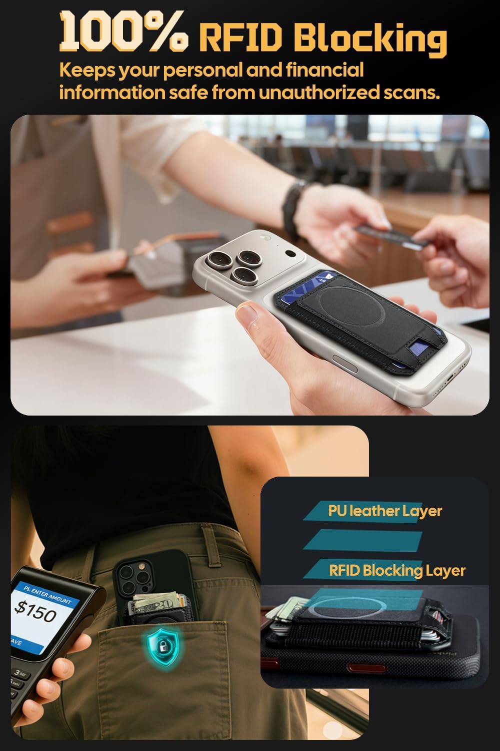 Magnetic wallet for iphone, Compatible with car mount& phone grip, Magnetic phone wallets, for iPhone12-17 Series, Slim minimalist vegan leather Magsafe wallet, Black (DBX003) - Image 5