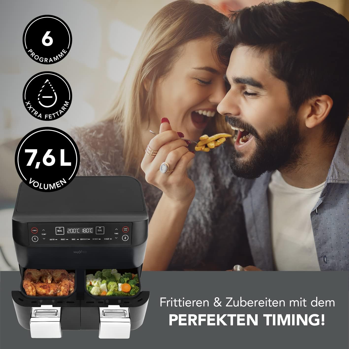 MAXXMEE Friggitrice ad aria calda doppio cestello, 7,6 litri, doppia friggitrice ad aria calda digitale con due camere, 2 x 3,8 litri, cottura simultanea di 2 diversi pasti | 6 programmi [2400 Watt]