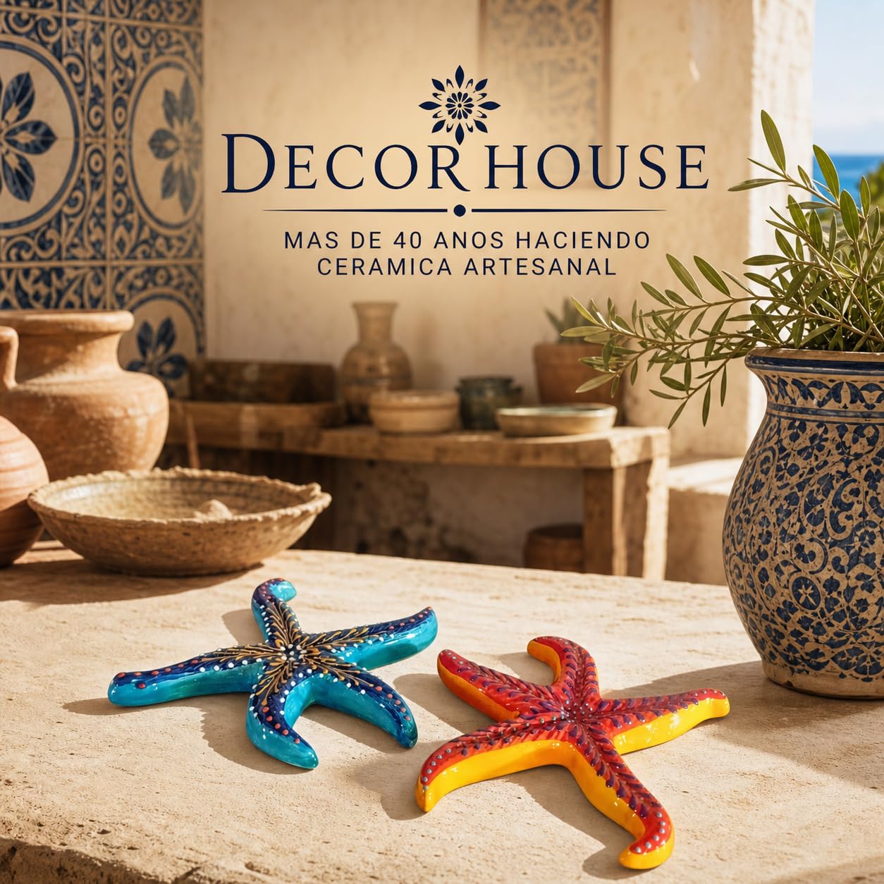 Estrellas de mar cerámica Colgantes Pack de 2, esculturas Decorativas 23 cm para Pared, baño, terraza y hogar mediterráneo