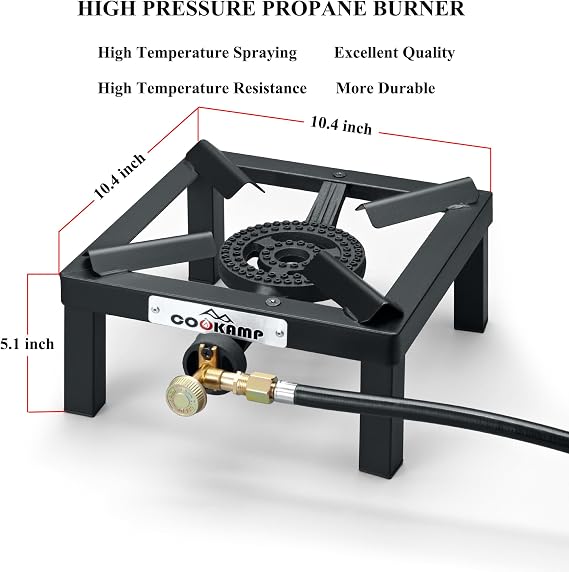 COOKAMP Single High Pressure Burner Angle Iron Camp Portable Stove Propane Burner with 0-3 PSI Adjustable Regulator and Hose[SA1200V5]
