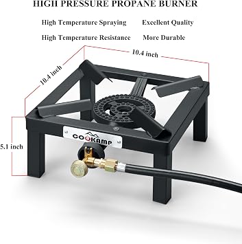 COOKAMP Single High Pressure Burner Angle Iron Camp Portable Stove Propane Burner with 0-3 PSI Adjustable Regulator and Hose[SA1200V5]