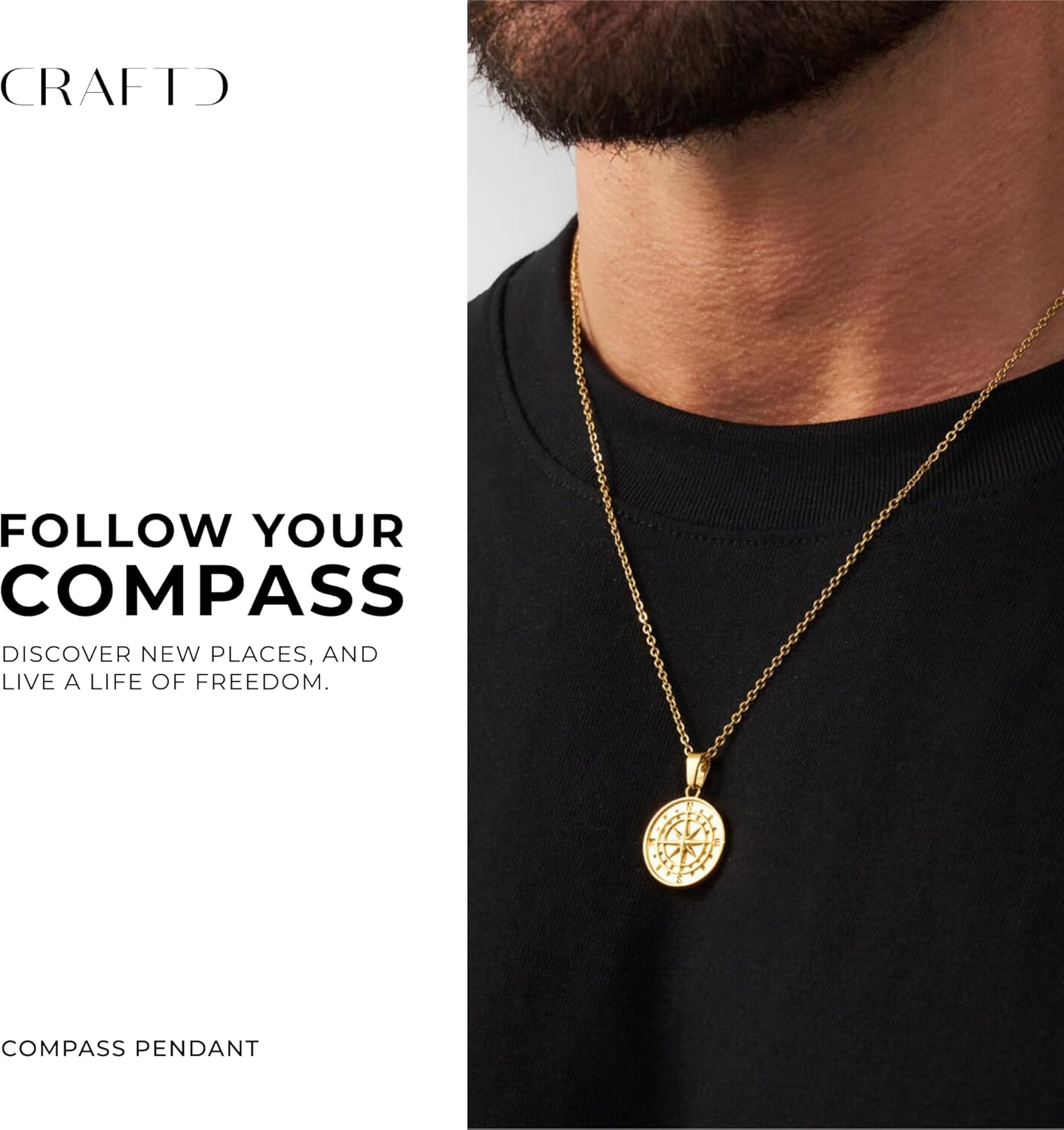 CRAFTD - Compass Pendant Necklace - 20.5" Chain Link with 20MM x 20MM Pendant - Waterproof, Heat & Sweat Resistant - Gifts for Men - Men's Jewelry - Image 2