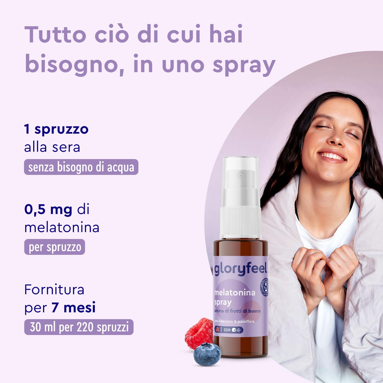Melatonina per Dormire, Melatonina Pura, Melatonina Spray 0,5mg per Spruzzo, Integratore Valeriana Forte con Passiflora e Lavanda Rilassante, con Vitamina B1 e B6, Gusto Frutti di Bosco, 30ml