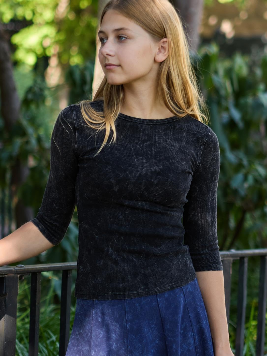 Girls 3/4 Sleeve Stone Washed Thin Ribbed Cotton Tee – Soft Stretch Comfort Top – 95% Cotton