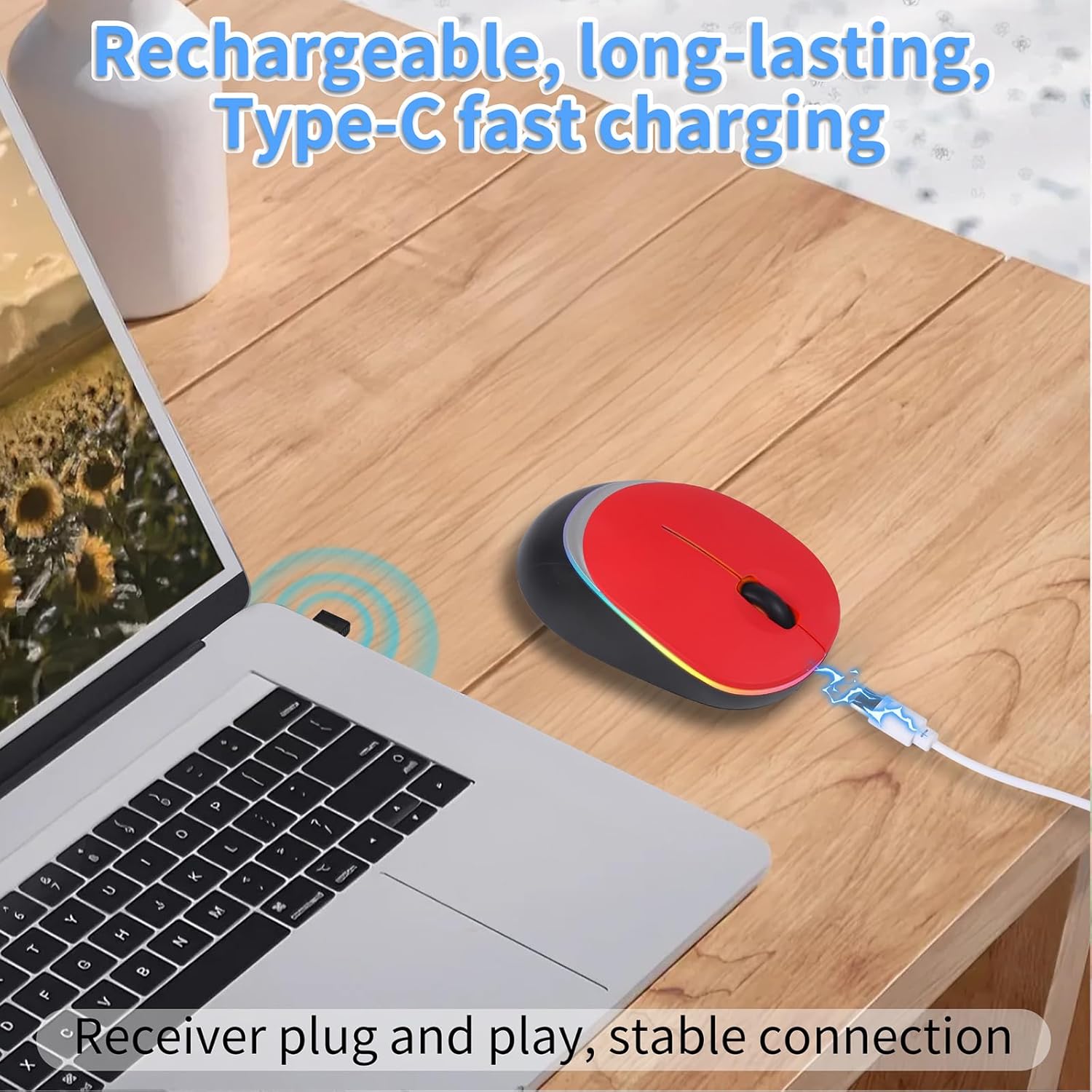 Type-C RGB Wireless Bluetooth Mouse - Ergonomic, Rechargeable, Silent Clicks for Laptops and PCs - Ideal for Office and Gaming Use (Red)