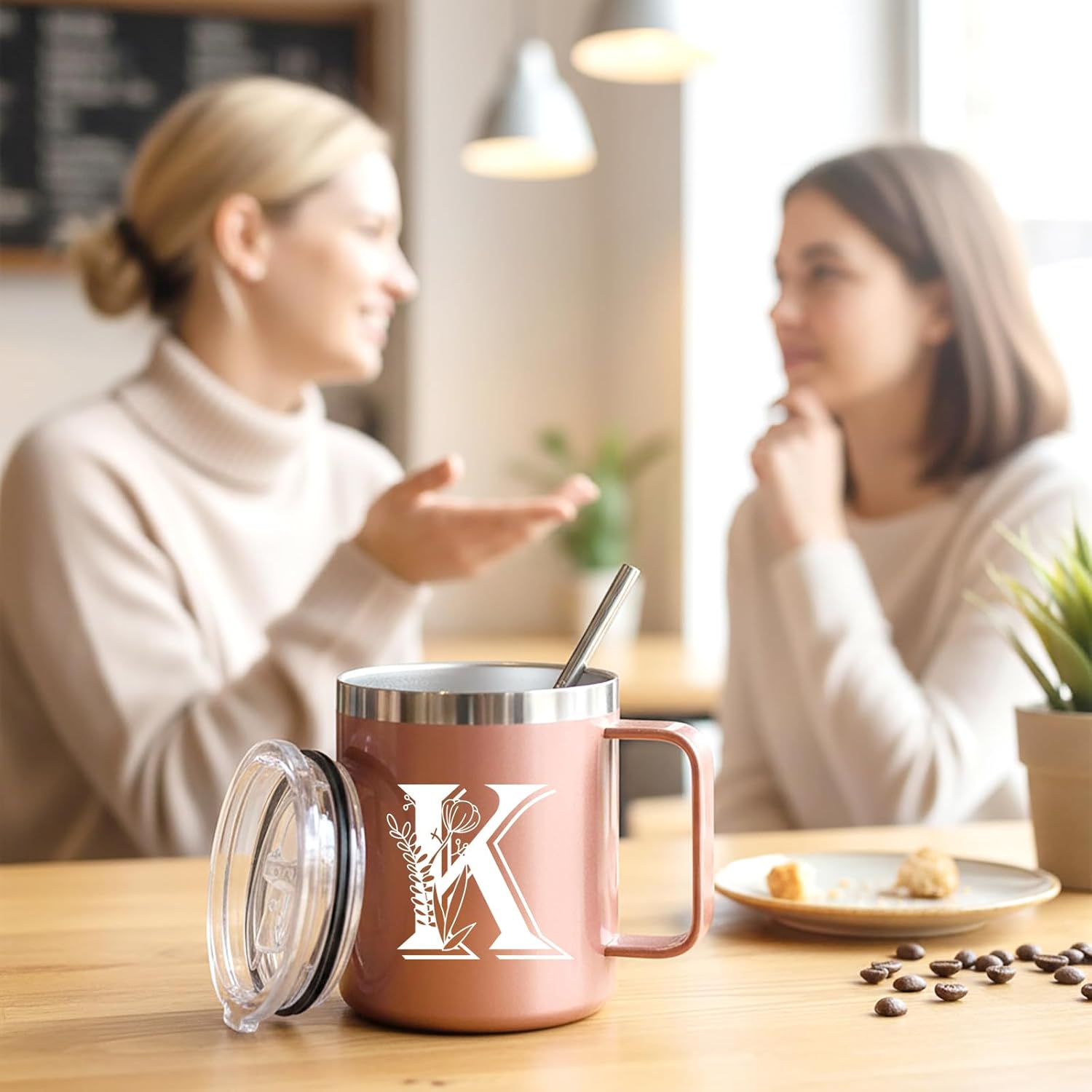 Letter K Insulated Coffee Mug with Lid and Handle, Personalized Initial Mugs for Women, Letter K Gift Coffee Mugs for Women, Wife, Mom, Grandma, Bridal Shower Gifts, 12 OZ Rose Gold - Image 2