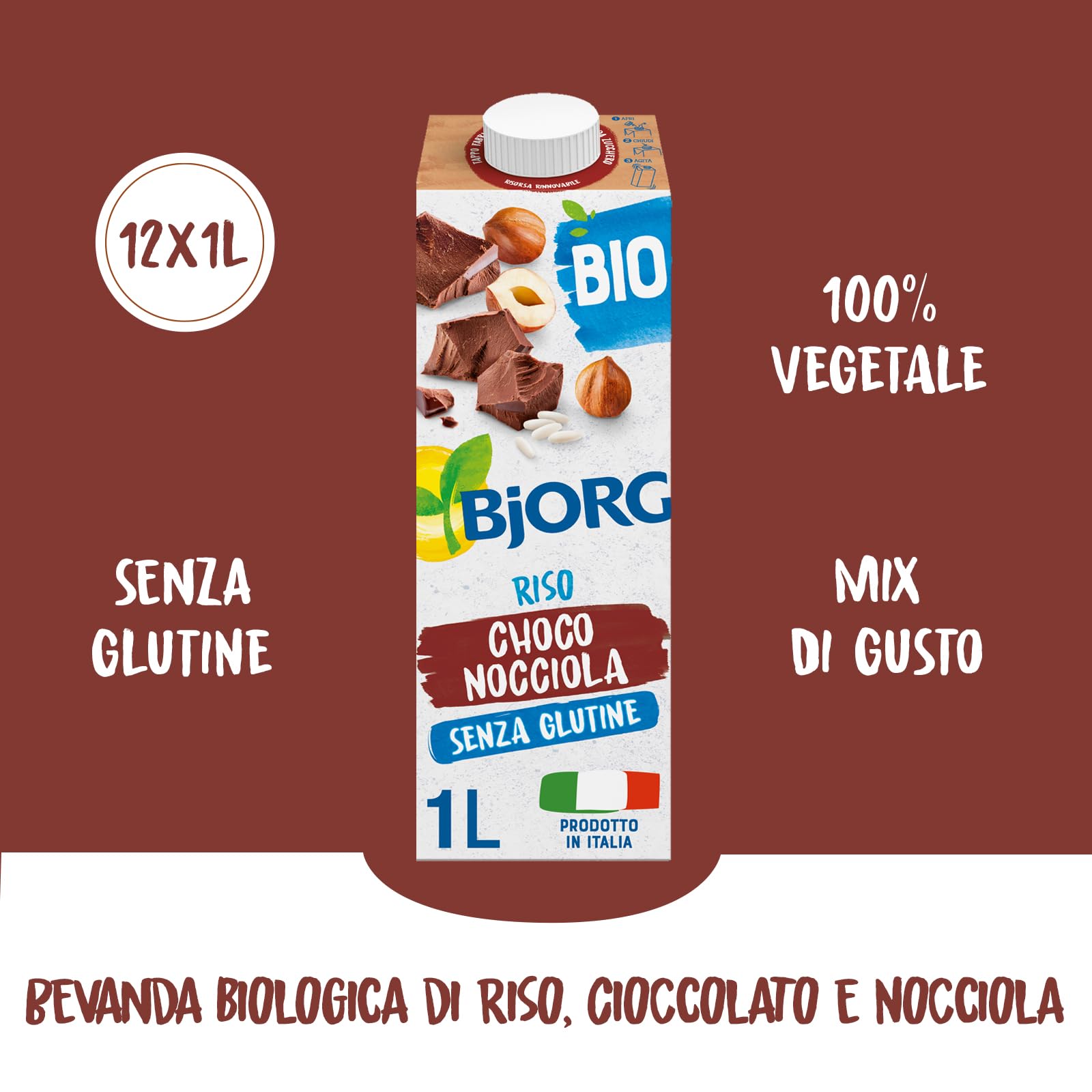 BJORG Bevanda di Riso al Cioccolato e Nocciole, Bevanda Vegetale a Basso Contenuto di Grassi, Ideale per Ricette Dolci, Senza Glutine, Gusto Goloso, Vegan, Prodotto in Italia, 12 x 1L
