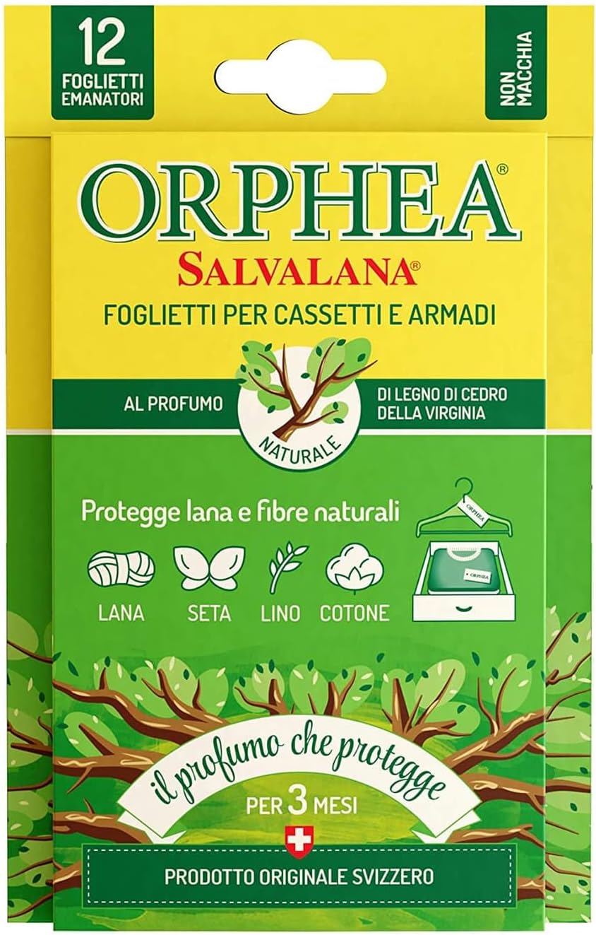 Orphea Salvalana Foglietti Per Cassetti E Armadi, Protegge Lana E Vestiti Tutta La Stagione, Profumo Di Cedro, 12 Foglietti Emanatori