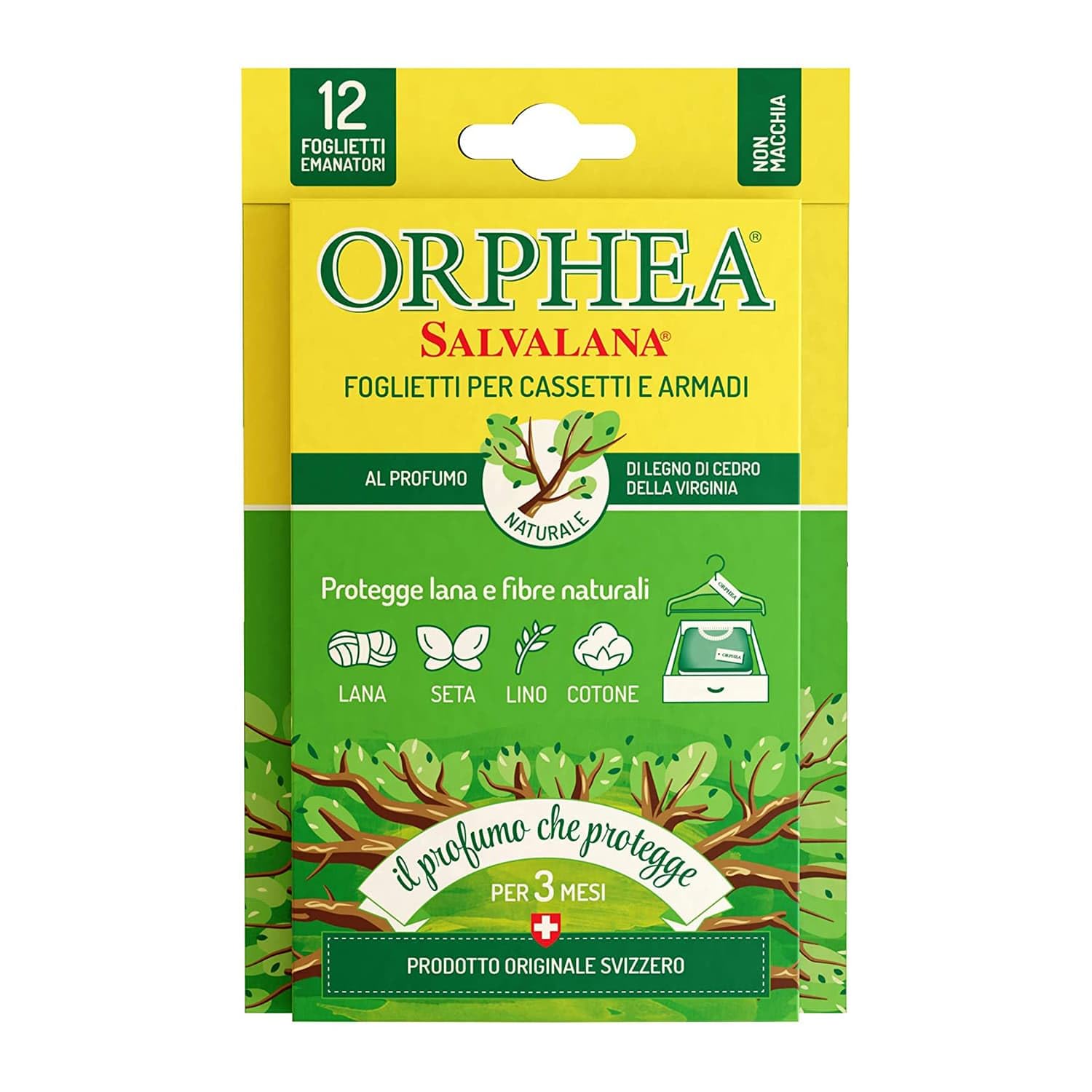 Orphea Salvalana Foglietti per Cassetti E Armadi, Protegge Lana E Vestiti Tutta La Stagione, Profumo di Legno di Cedro della Virginia, 12 Foglietti Emanatori