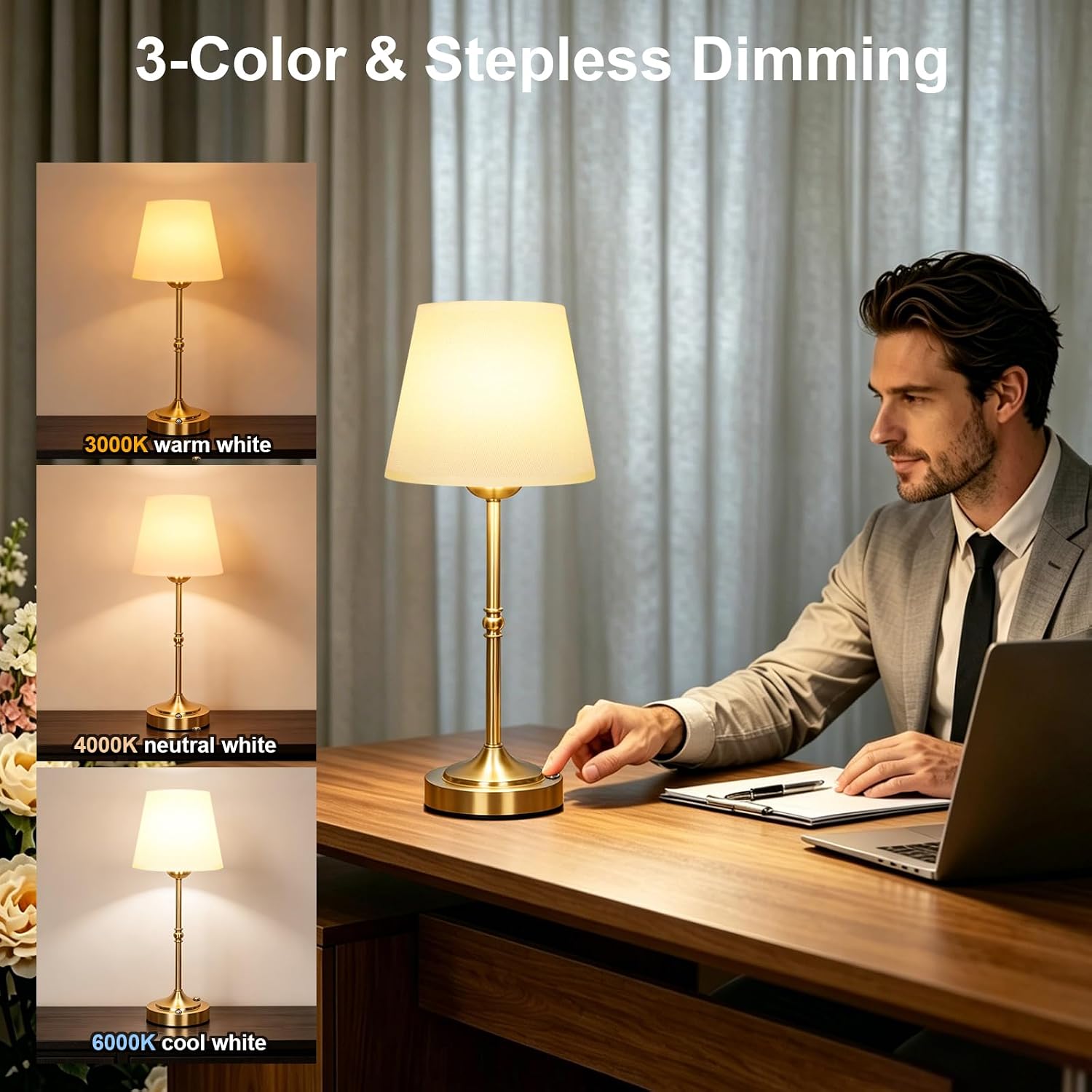 FLY2SKY Rechargeable Gold Cordless Table Lamp,3 Color Dimmable Bedside Lamp image 3