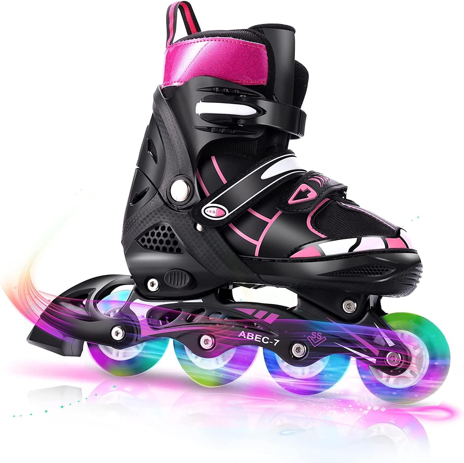 JUKKRE Adjustable Rollerblades for Kids Women Men Adult Boys Girls-Inline Roller Skate Black-Pink Fitness Performance Inline Blades Skates Indoor Outdoor with Shoes Bag