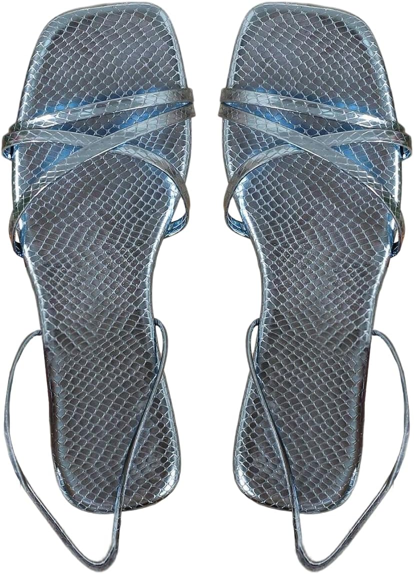 OYOANGLE Women's Lace Up Strappy Flat Sandals Metallic Summer Square Open Toe Sandal Tie Up Shoes