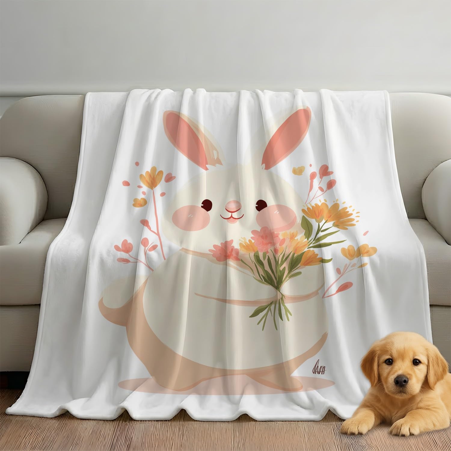 Generisch Koc z kreskówki 150 x 180 cm – bardzo gruby i miękki, biało-beżowy, minimalistyczny, świeży królik, puszysty koc do salonu, na sofę, do sypialni i na łóżko