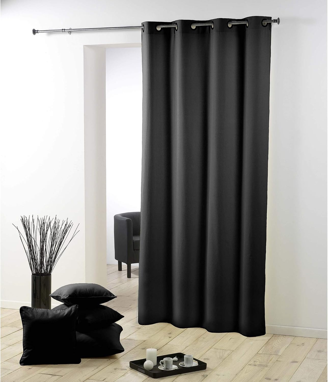 Douceur d'Intérieur 1609135 Curtains, Polyester, Black, 140 x 260 cm, W 55.1" x L 102.4" (1 Panels)