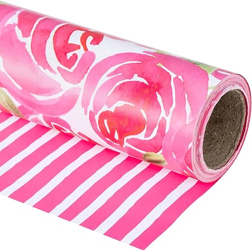 RUSPEPA Rollo de papel de regalo reversible Mini rollo Estilo acuarela rosa rosa y patrón de rayas, ideal para el día de la madre, cumpleaños,