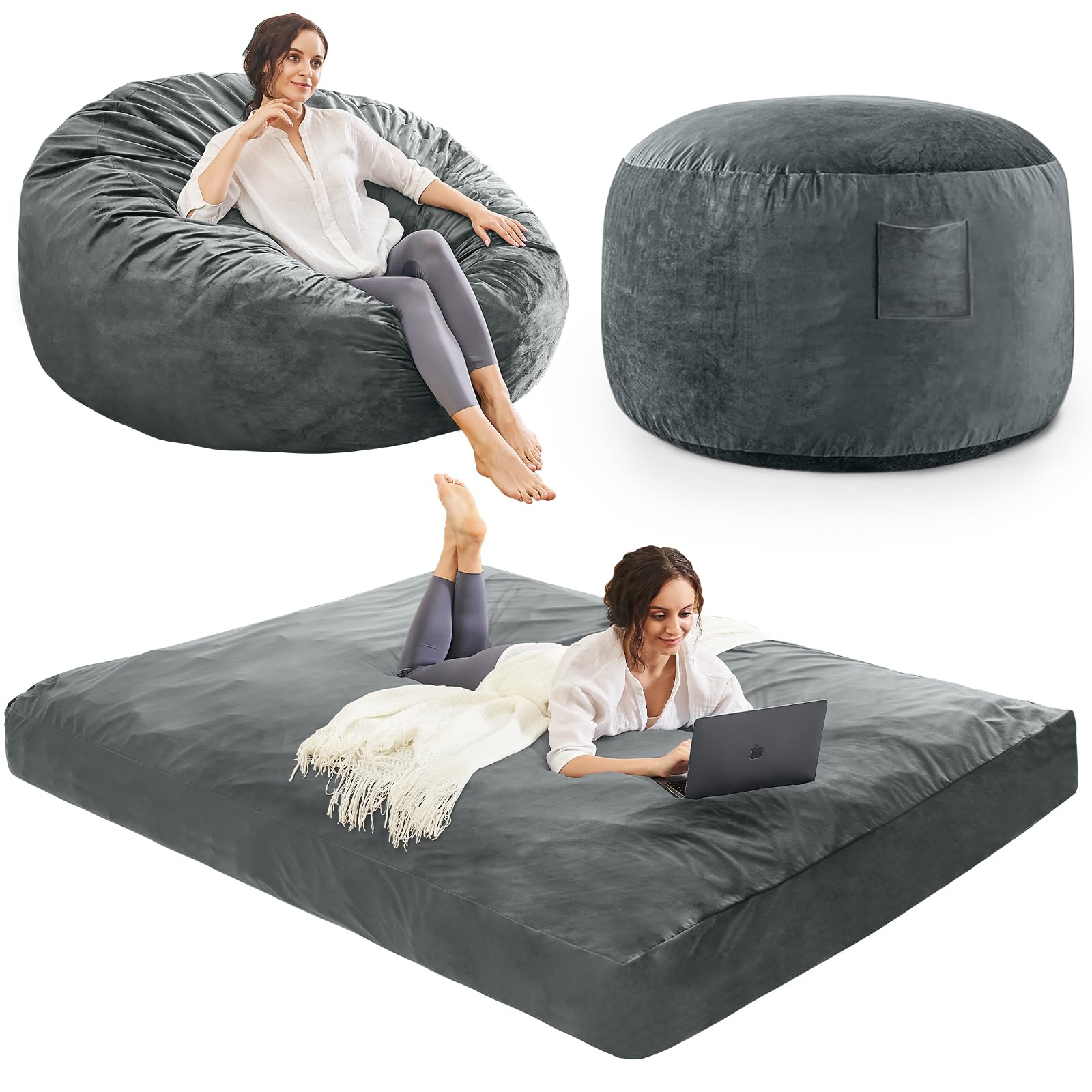 Bean Bag Chairs for Adults - Giant Bean Bag Chair Convertible Bean Bag Bed - Beanbag Chair with Micro Fiber Cover/Furniture Foam Filler - Floor Couch Sofa in Bedroom Dorm Room - Queen Charcoal
