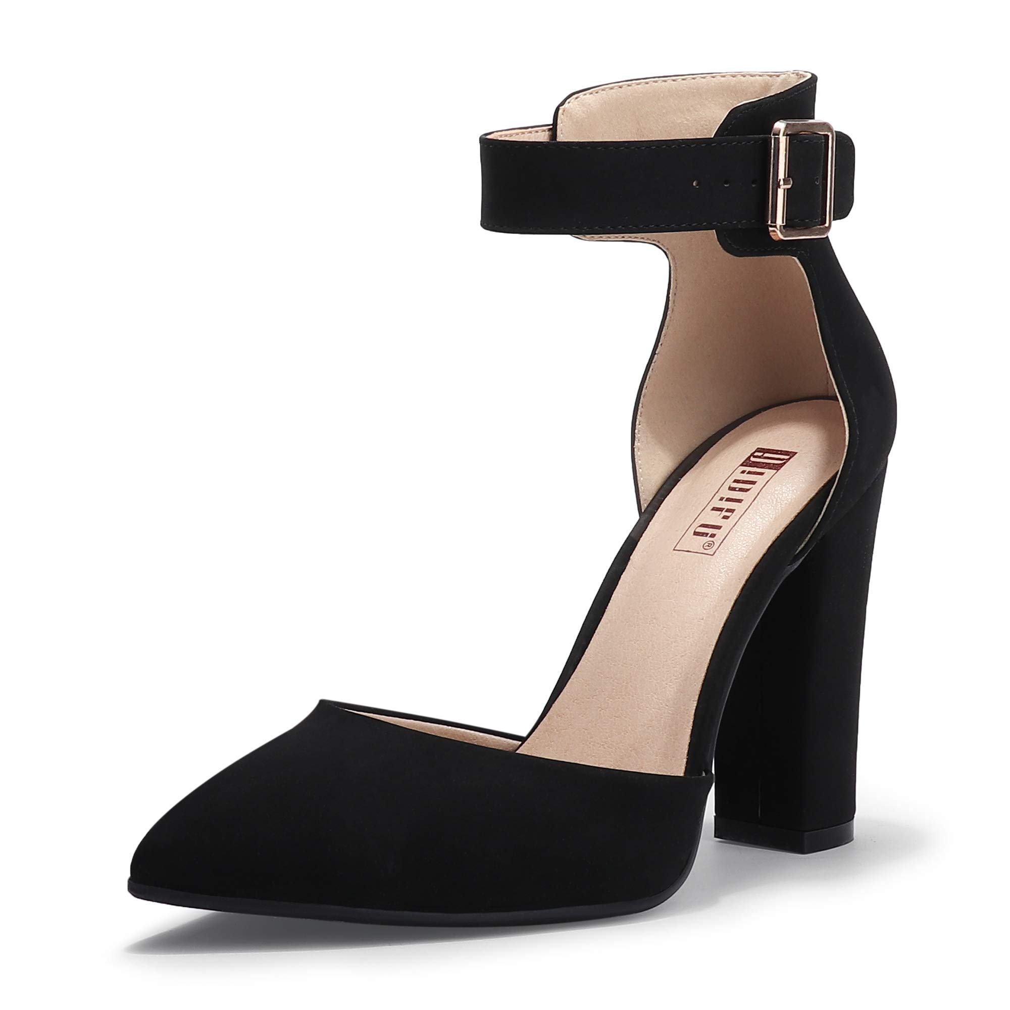 IDIFU Women's IN4 Pedazo High Block Heels Pumps Pointed Closed Toe Ankle Strap Dress Wedding Shoes - 9.5 - Black Nubuck