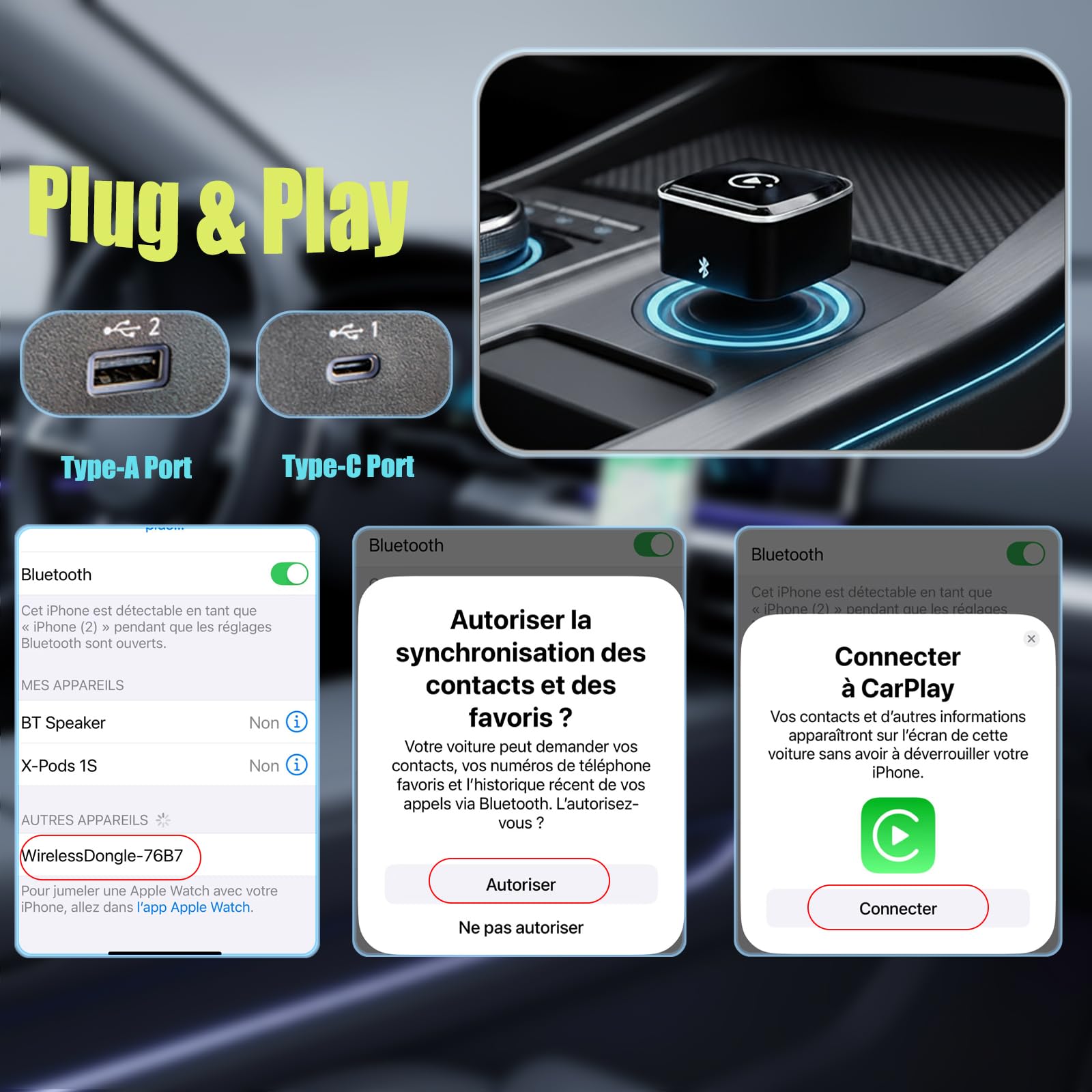 Adaptateur CarPlay & Android Auto Sans Fil - WiFi 6 & Bluetooth 5.4 - Connexion Ultra-Stable en 10s - Latence Minimale - Plug & Play pour Véhicules 2016+