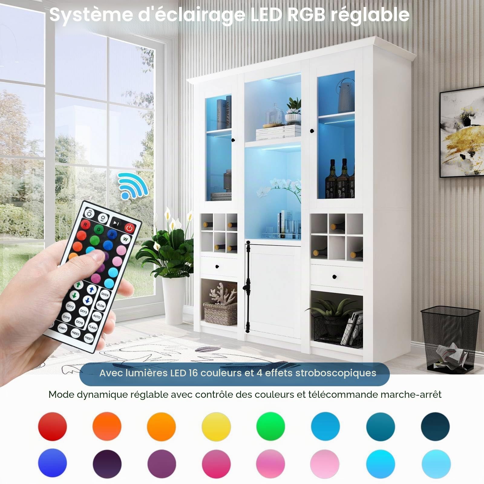 PUGSDRLY Armoire de Rangement Moderne Avec Portes - Buffet Polyvalent Avec Lumière LED et Étagères Pour Salon (143 x 45,5 x 170 cm)