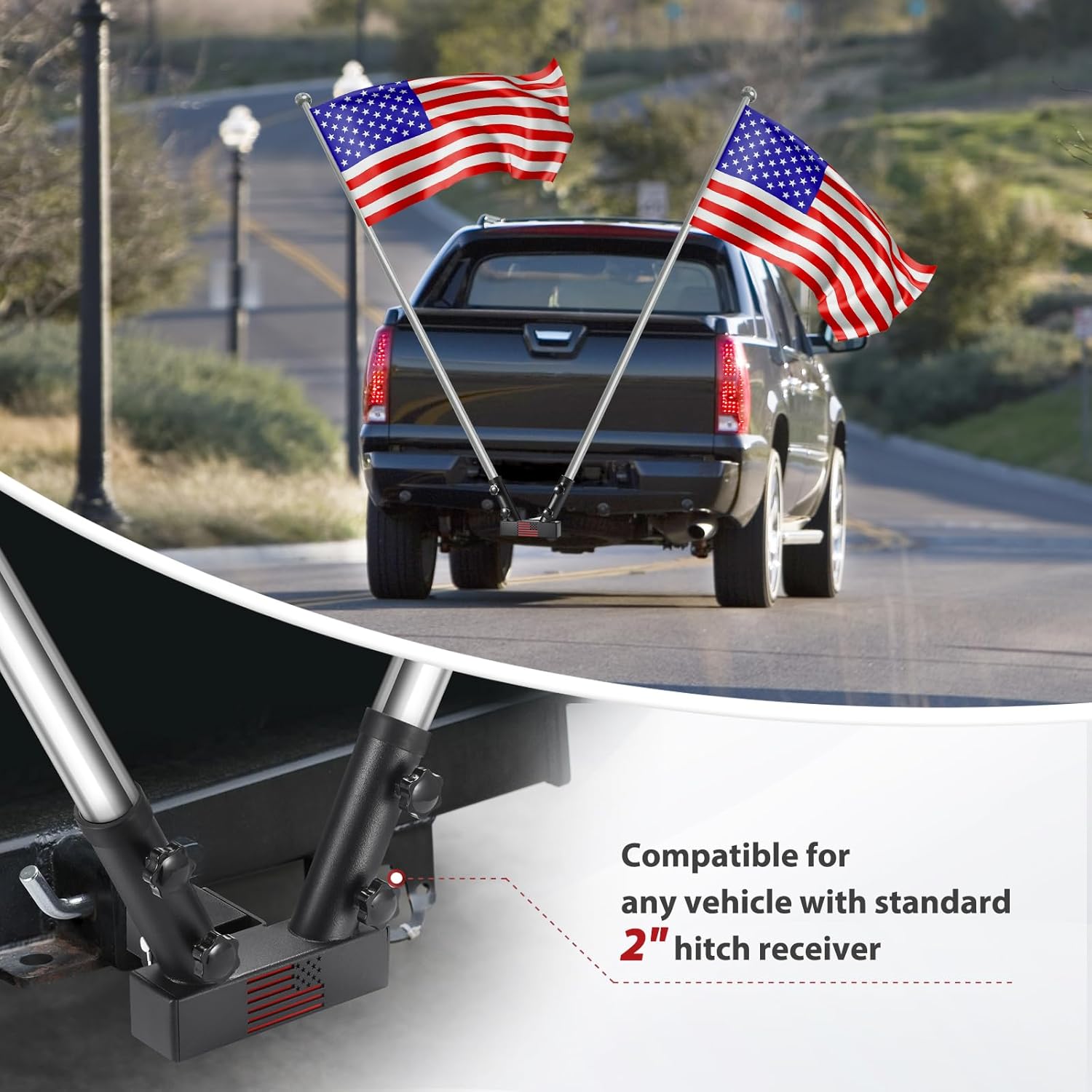 GADFISH Trailer Hitch Flagpole Mount, 2 Mounting Options US Flag Hitch Mount, Universal Flag Hitch Mount for All 2" Receiver, Trailer Hitch Flag Pole Holder for Driving, Black (for 2 Flagpoles) - Image 6