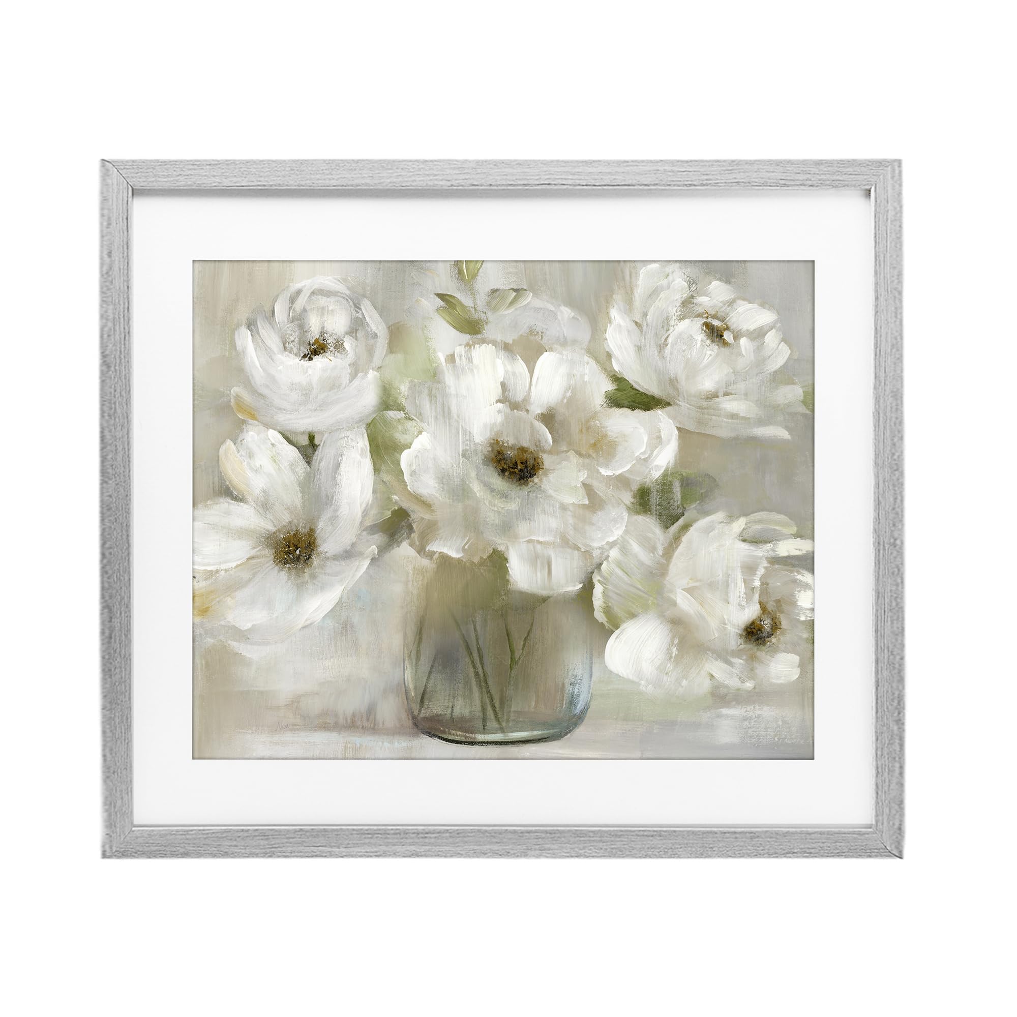 Stupell Industries Gentle White Petals in Vase, Serene Floral Bouquet for Dining Room, 17 x 21 Inch Framed Matted Print Under Glass, by Nan, Made in USA Gift