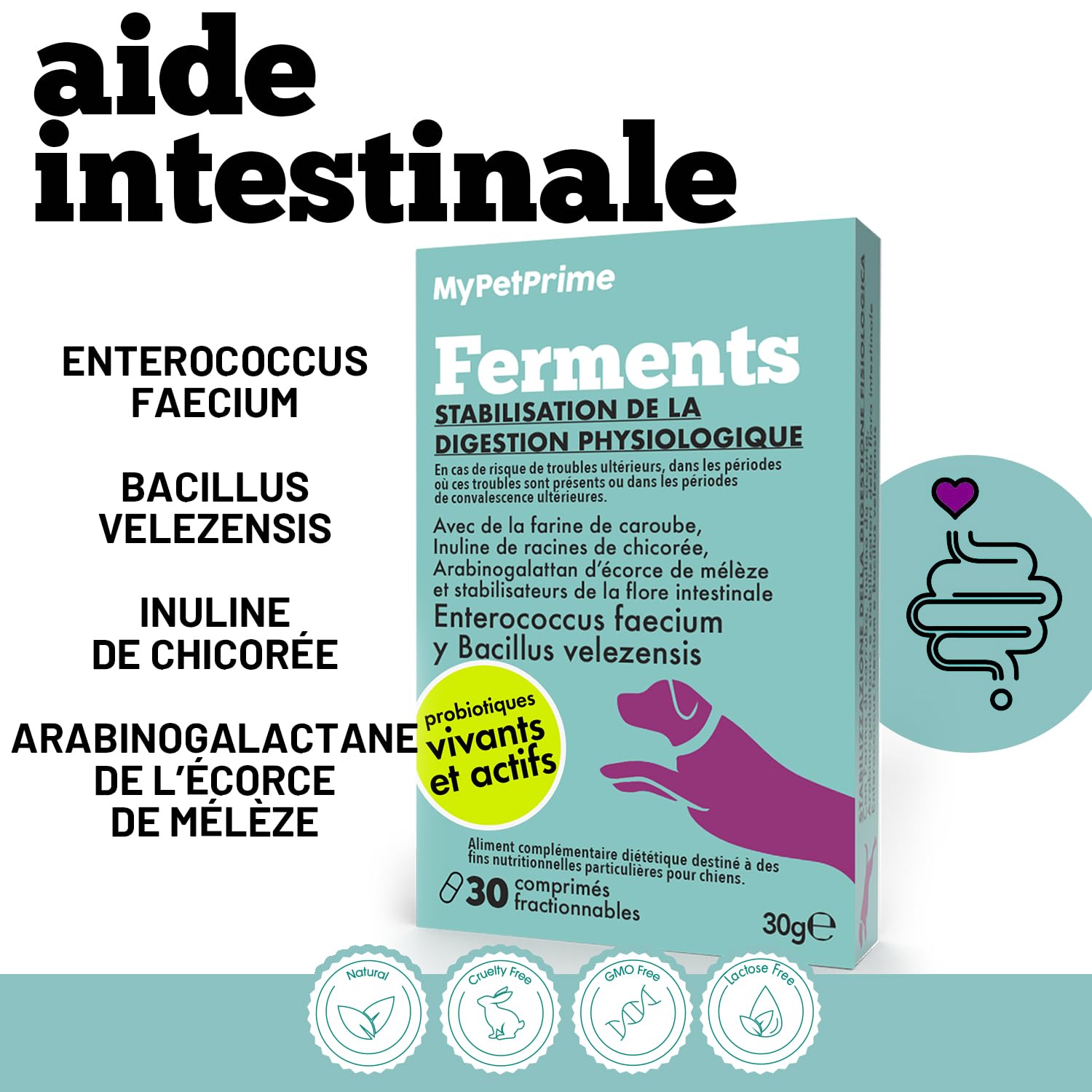 MyPetPrime Ferments Lactiques Chien 6,5M UFC - 60 CPR Probiotiques - Formule Vétérinaire - Système Digestif, Système Immunitaire, Antioxydant.