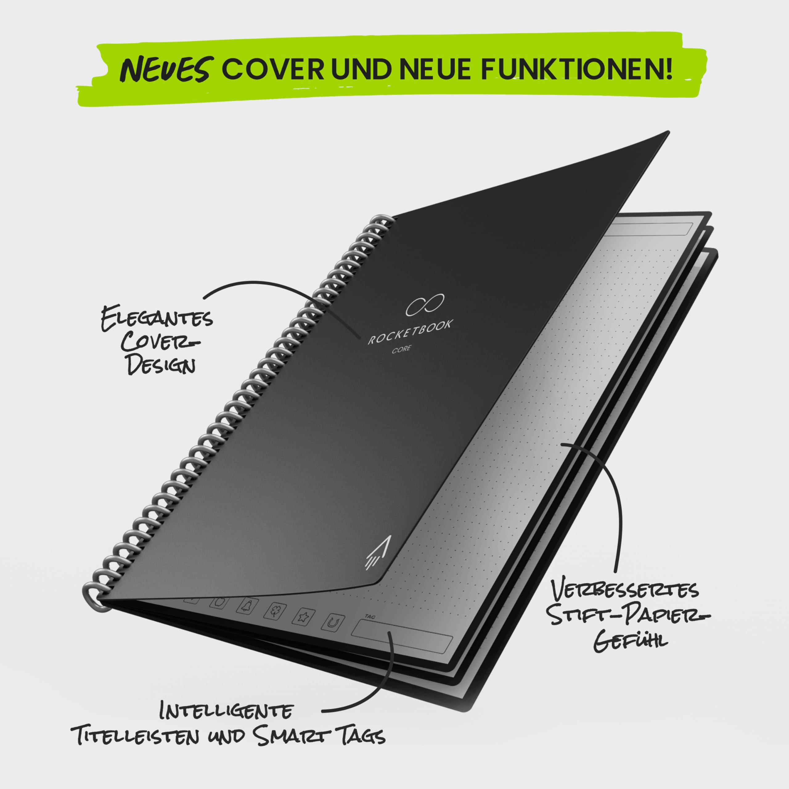 Rocketbook Core wiederverwendbares Spiral-Notizbuch, Format 15 cm x 22,4 cm, Schwarz – gepunktete Seiten, App-Konnektivität, löschbar, robuster Einband, ideal für Schule, Arbeit und kreative Projekte