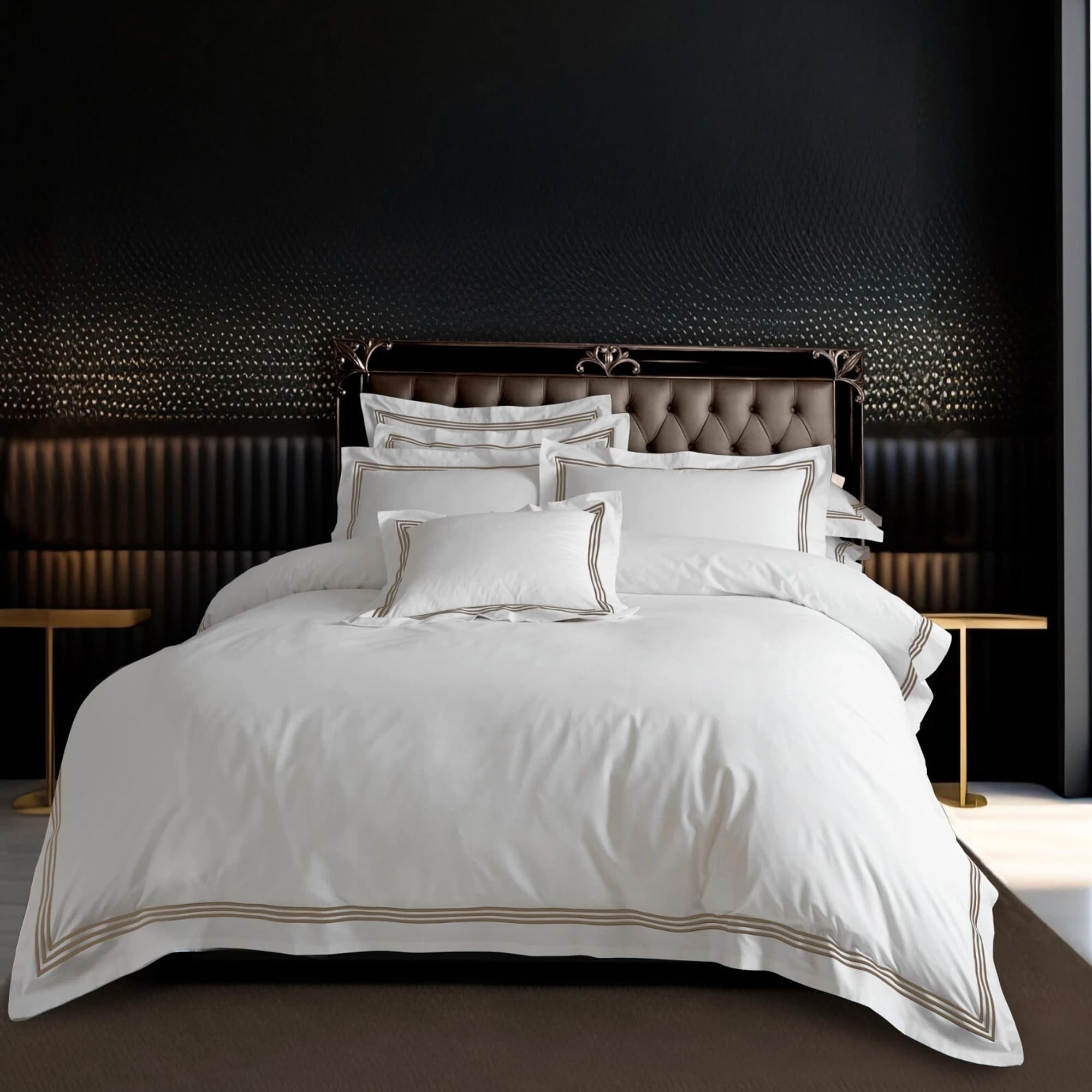 Lions White/Latte Double Duvet Cover Sets - Soft Luxury Poly Cotton Embroidered Bedding With 2 Matching Pillowcases, Hotel Quality Quilt Covers, 200X200cm